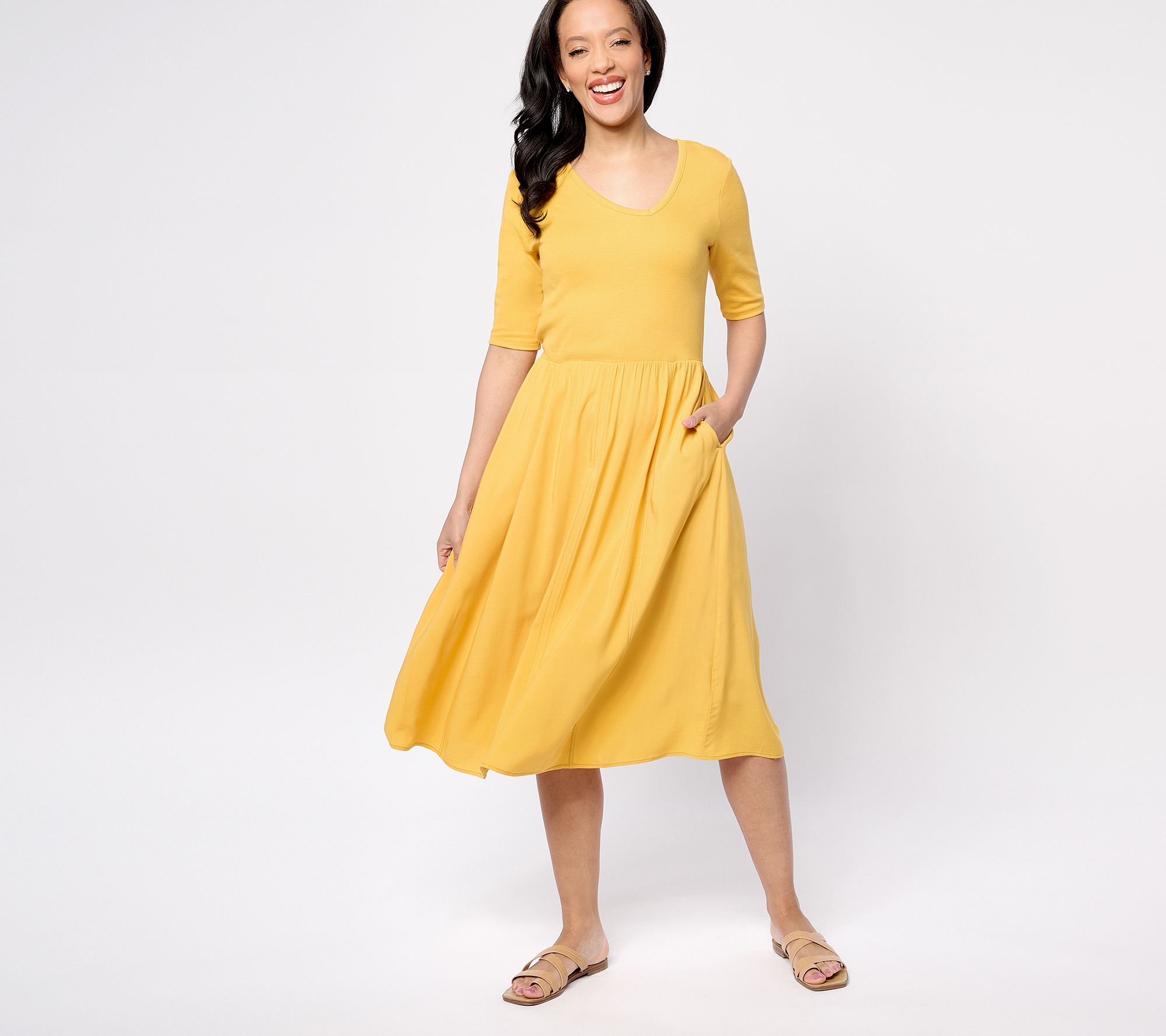 Peace Loved World Petite Knit to Woven Asymmetric V-Neck Dress