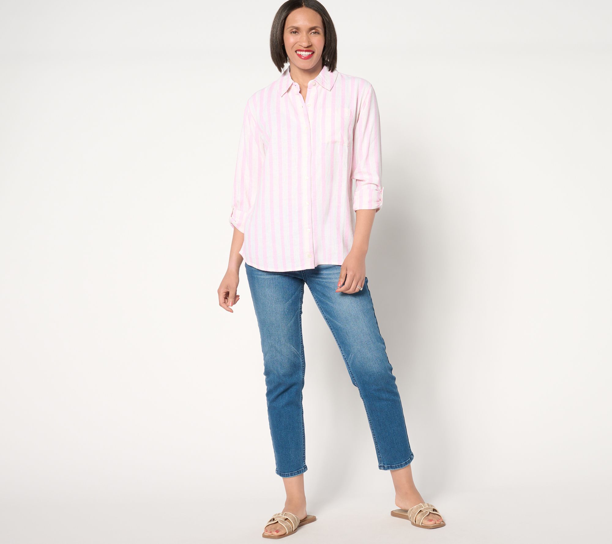 Isaac Mizrahi Live! Striped Button Front Linen Blend Top | QVC