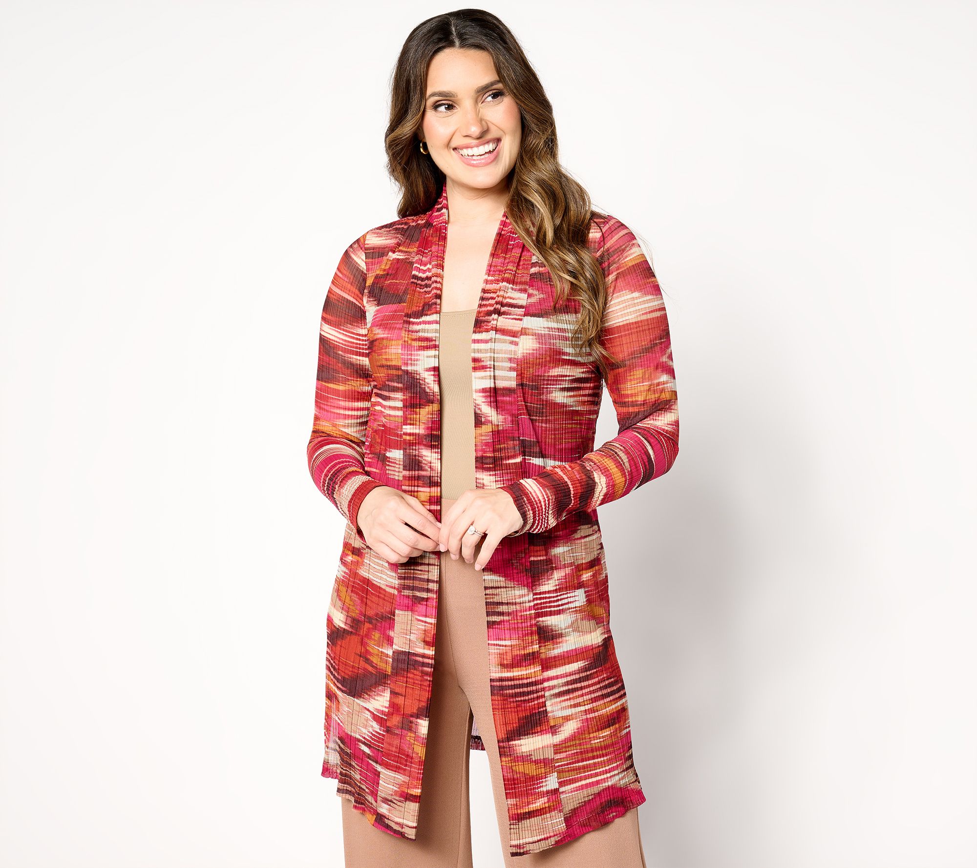 Susan Graver Petite Printed Pleated Mesh Drape Front Cardigan