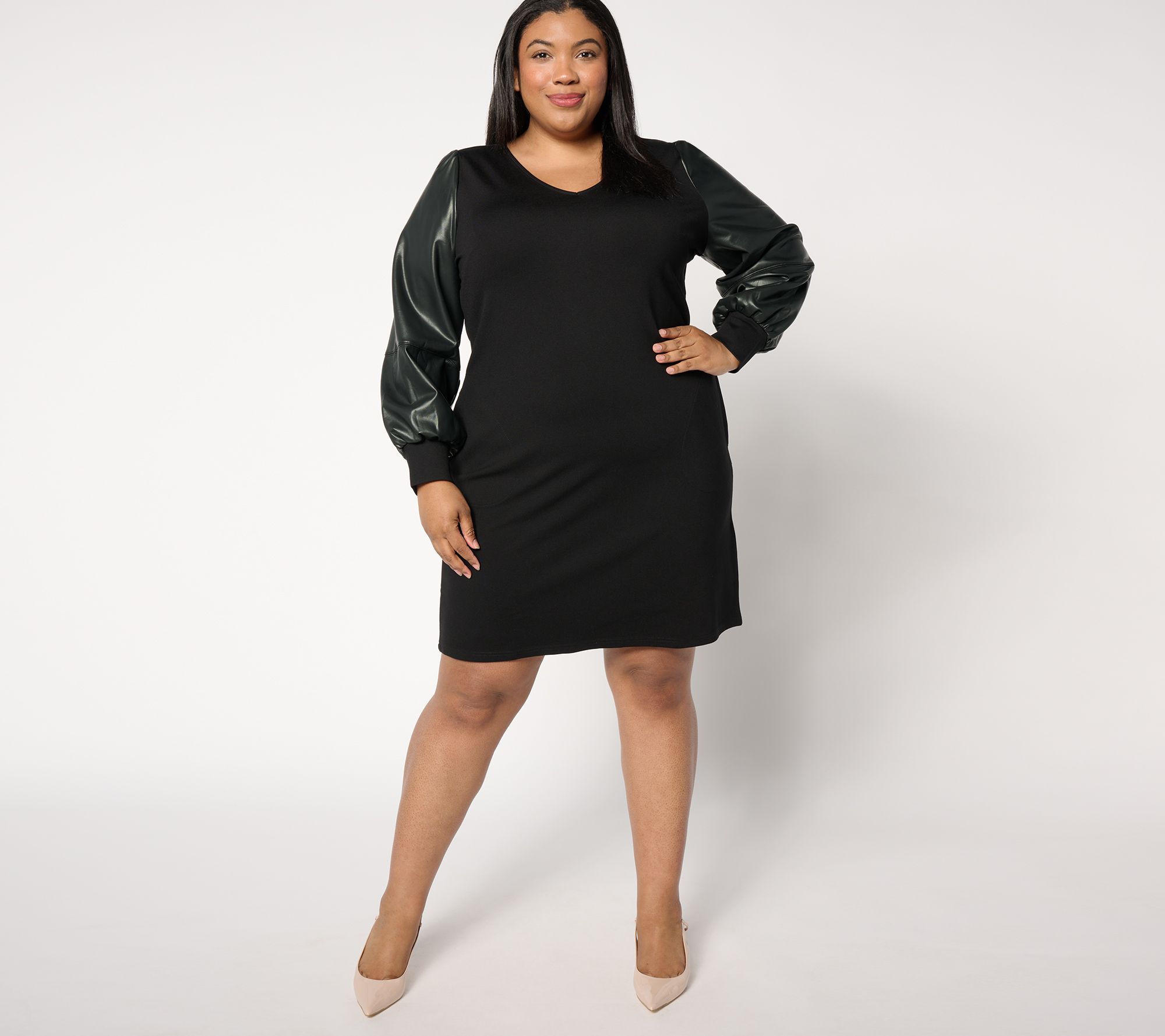 Belle by Kim Gravel Ponte Dress with Faux Leather Blouson Sleeves