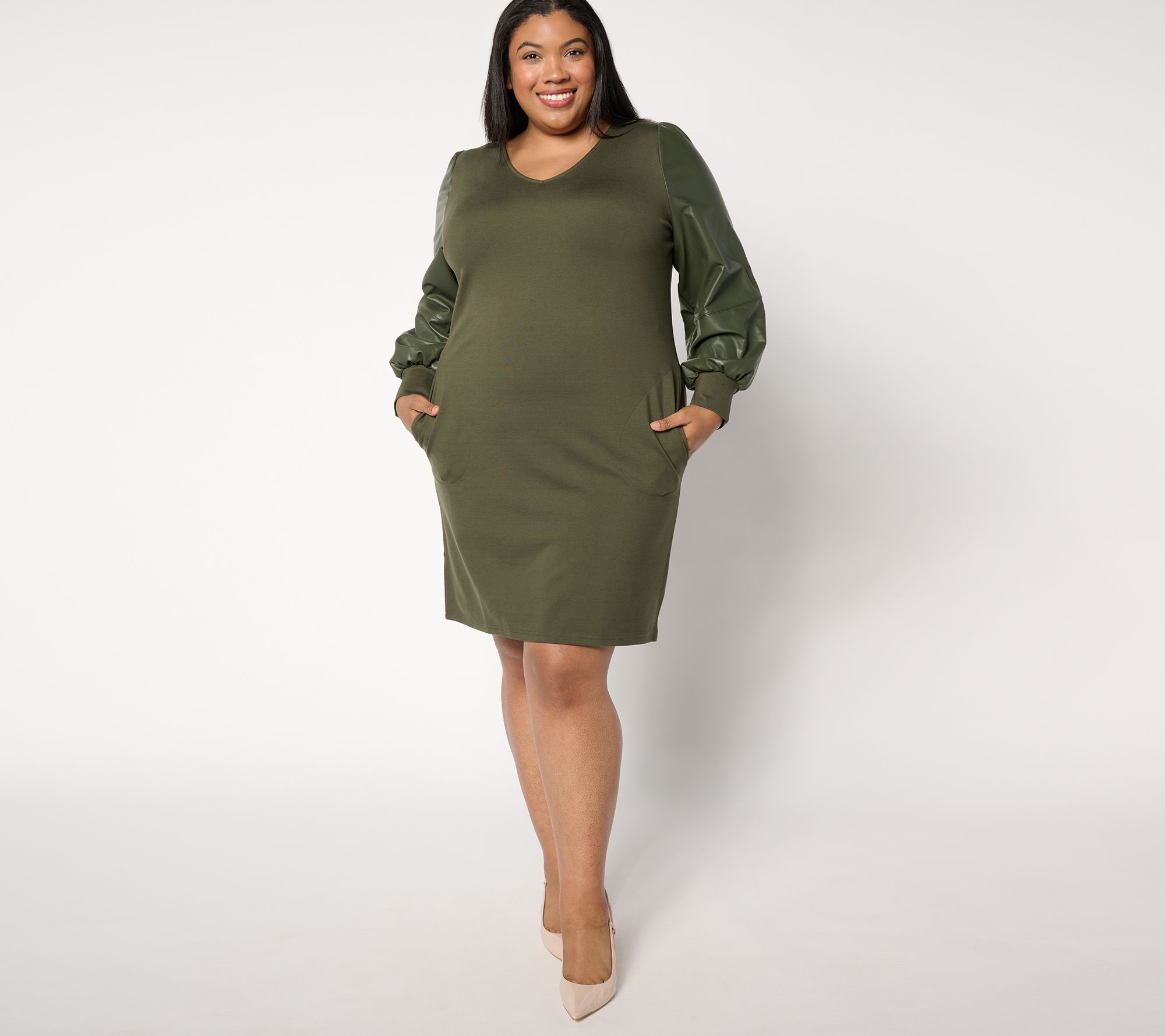 Belle by Kim Gravel Ponte Dress with Faux Leather Blouson Sleeves