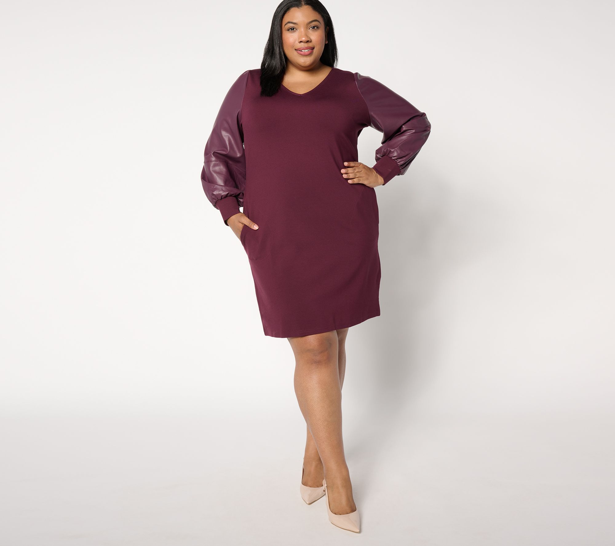Belle by Kim Gravel Ponte Dress with Faux Leather Blouson Sleeves