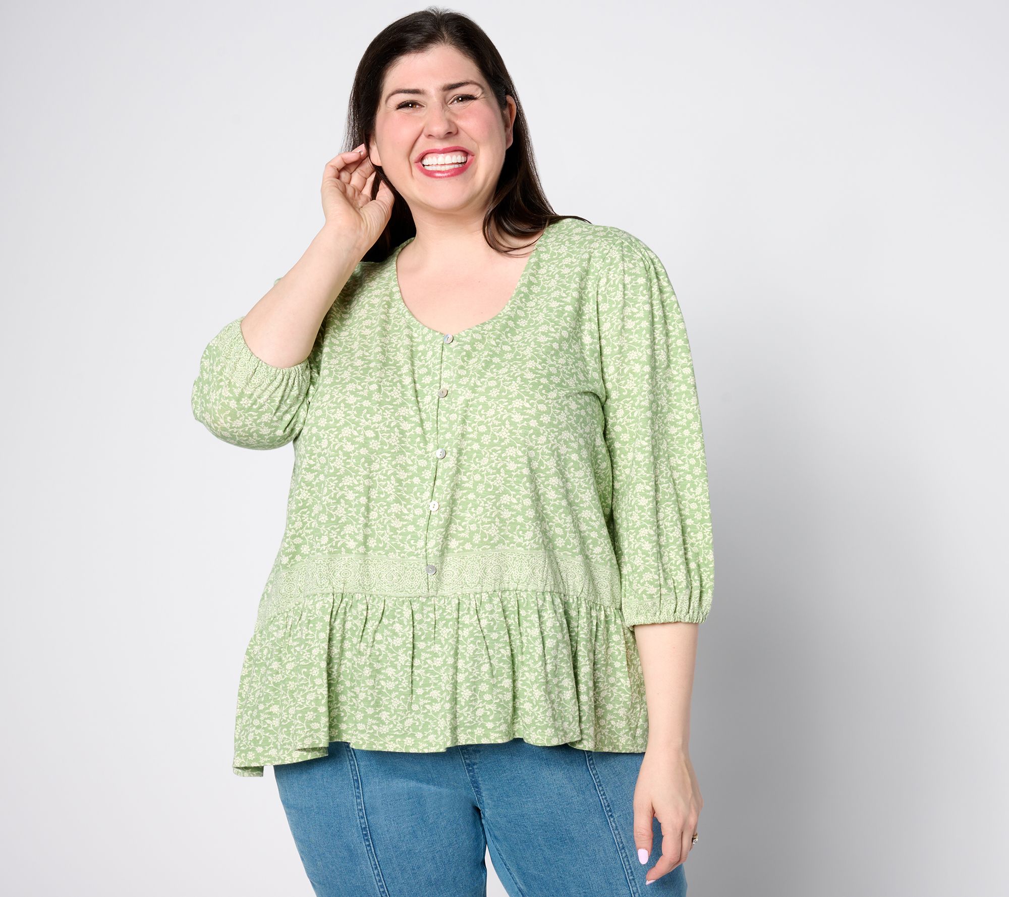 "As Is" Denim & Co. Canyon Retreat Printed Henley Peplum Top