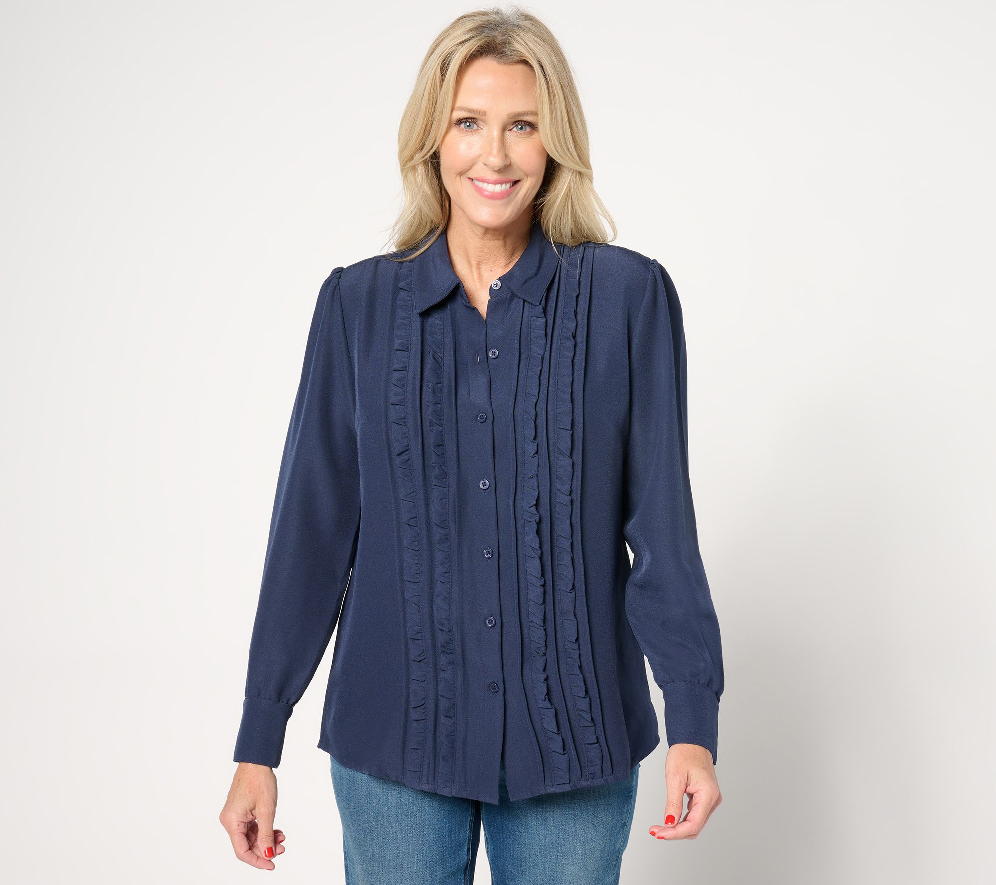 Denim & Co. Heritage Ruffle-Front Puff-Sleeve Button-Up Top