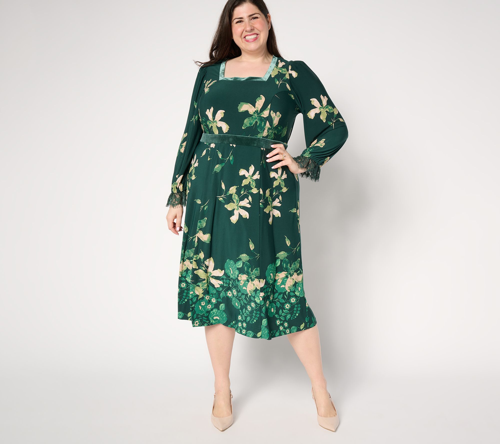 Susan Graver Printed Liquid Knit Lace & Velvet Trim Midi Dress