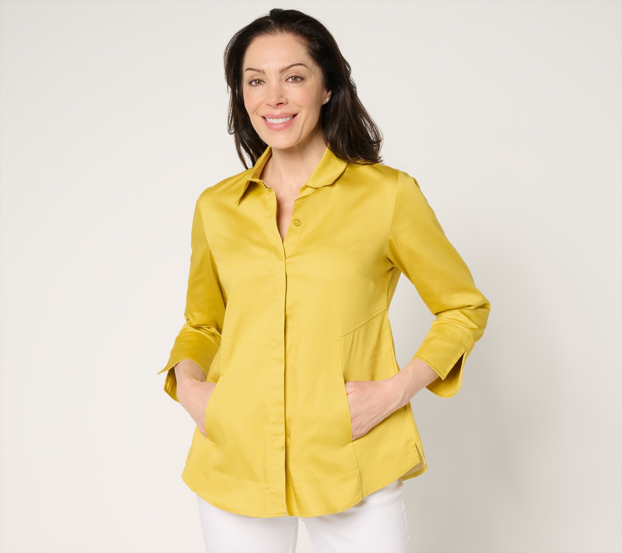 Joan Rivers Cotton Stretch Sateen Button Front Shirt with Pockets