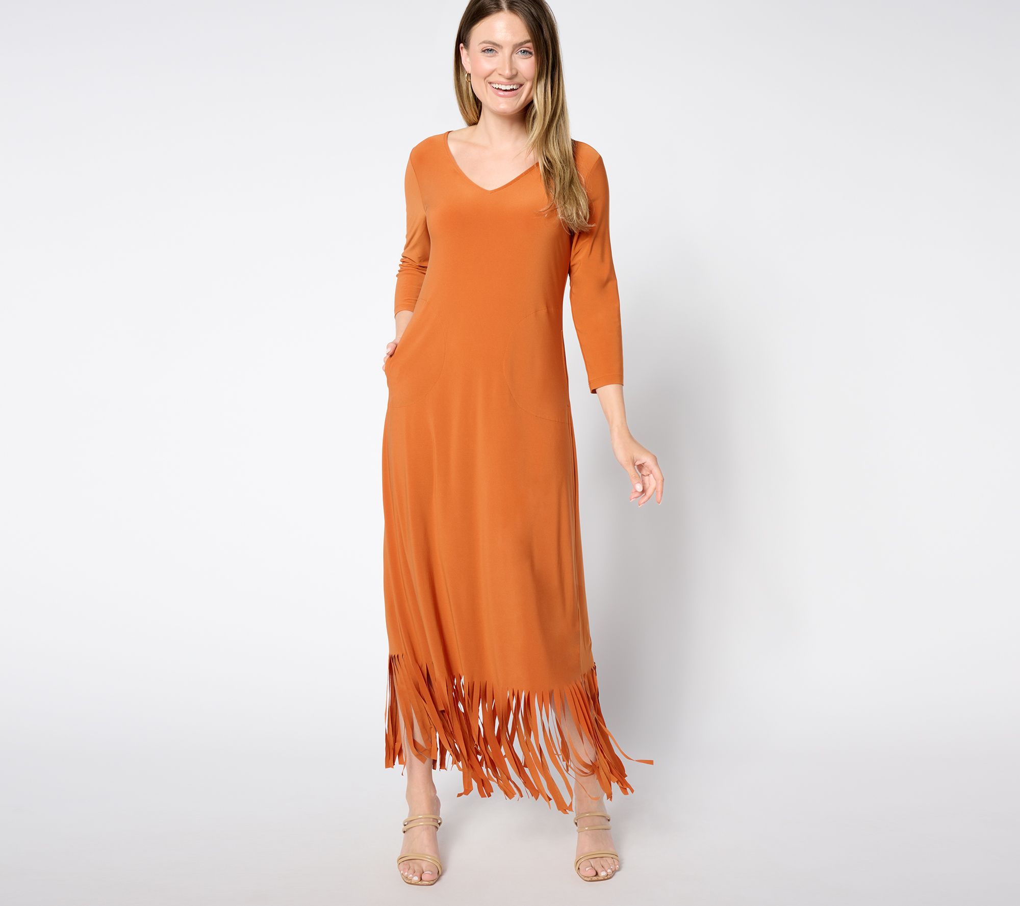 "As Is" Attitudes by Renee Petite Jersey Fringe Maxi Dress