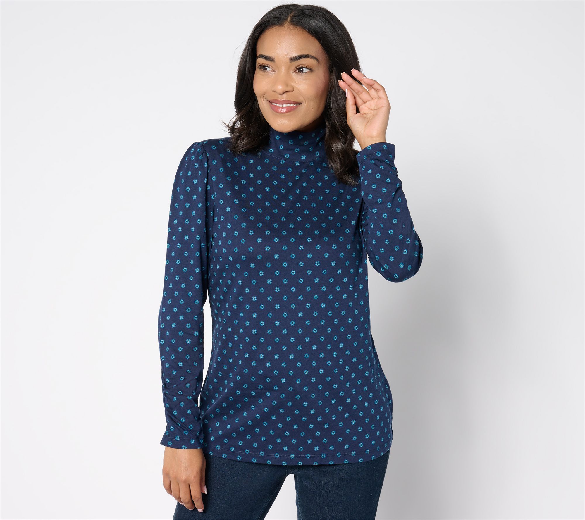 "As Is" Denim & Co. Printed Modal Turtleneck Top w/ Shirring