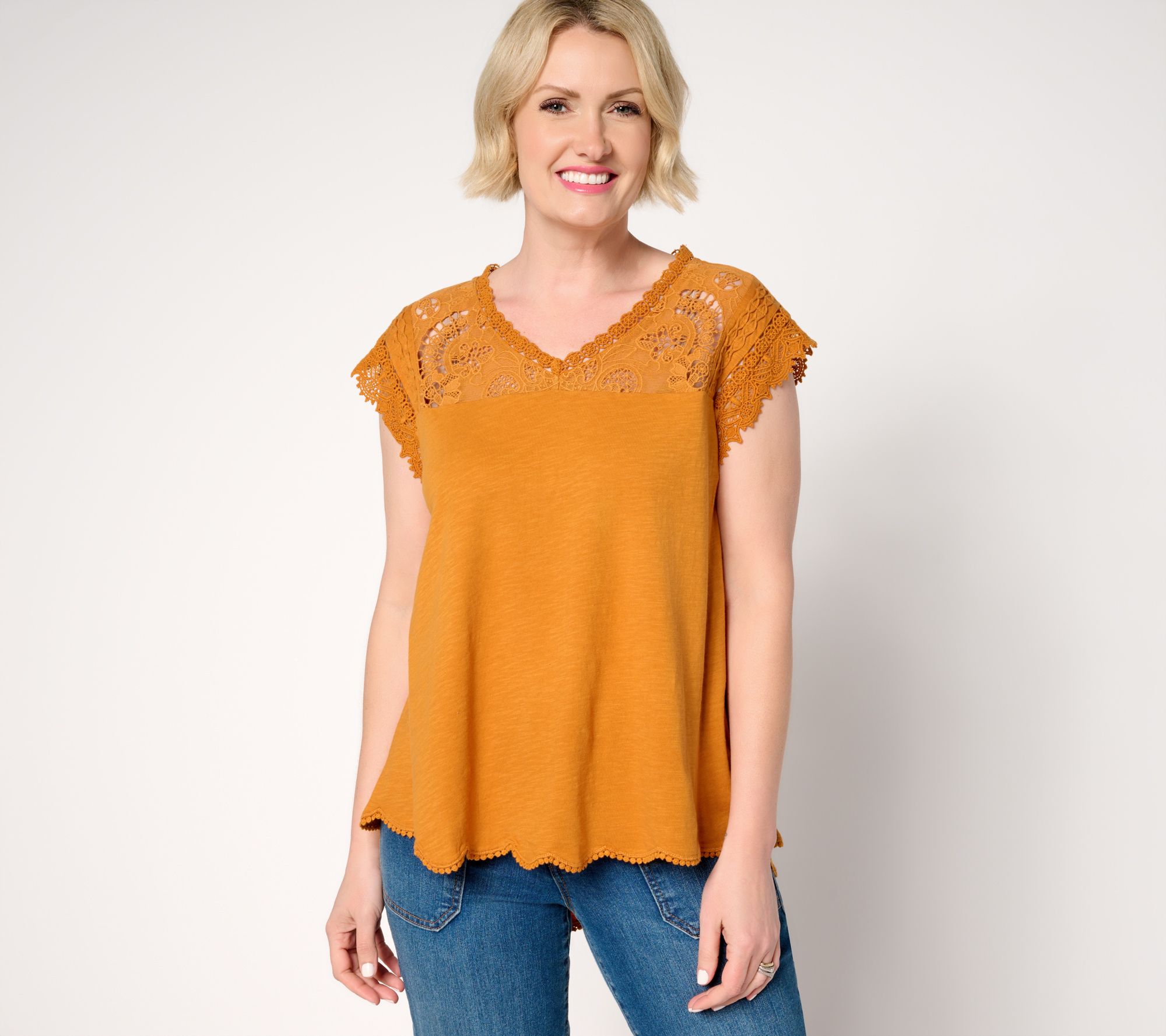 LOGO Lavish by Lori Goldstein 100% Cotton Scallop Hem Top