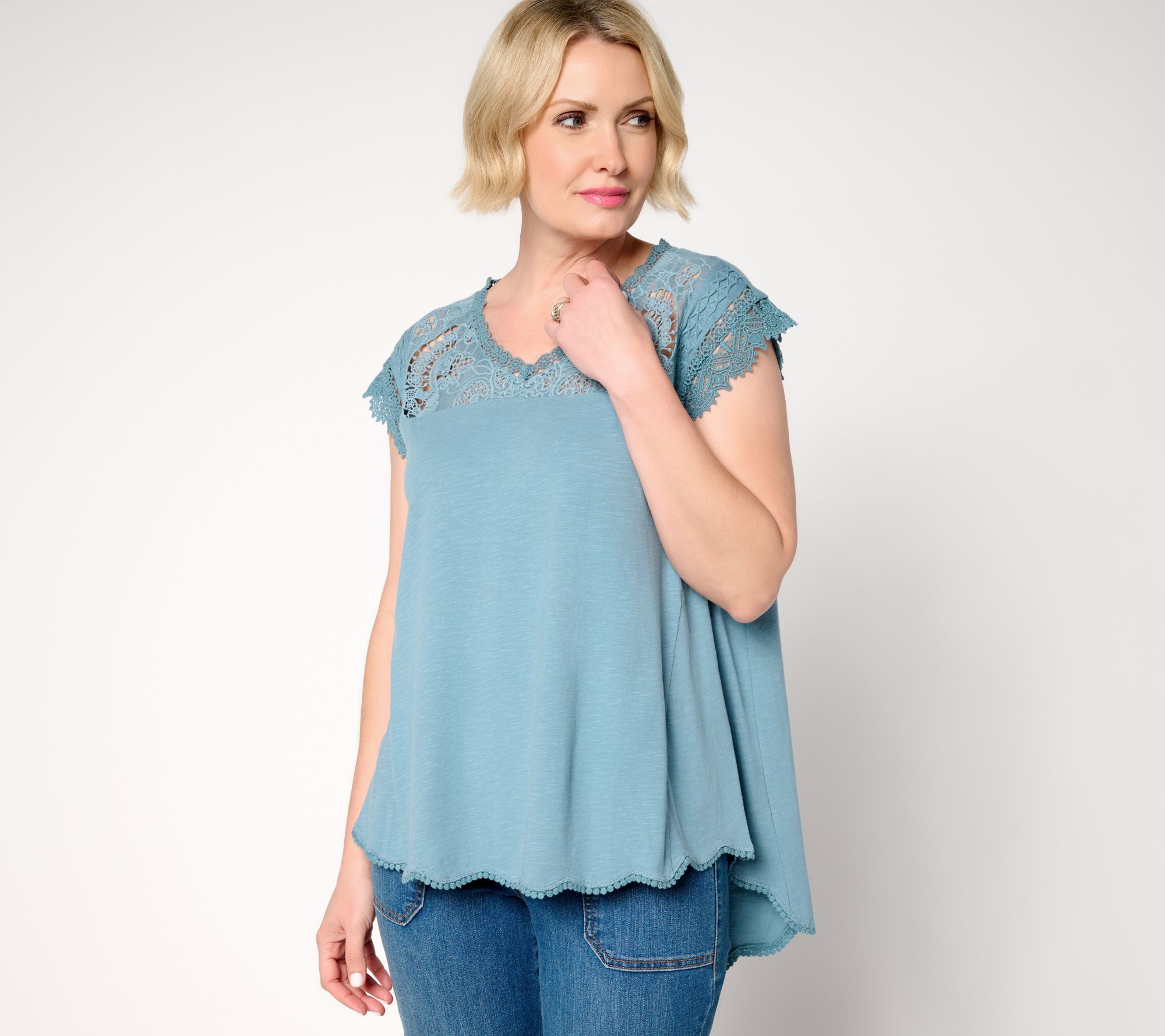LOGO Lavish by Lori Goldstein 100% Cotton Scallop Hem Top