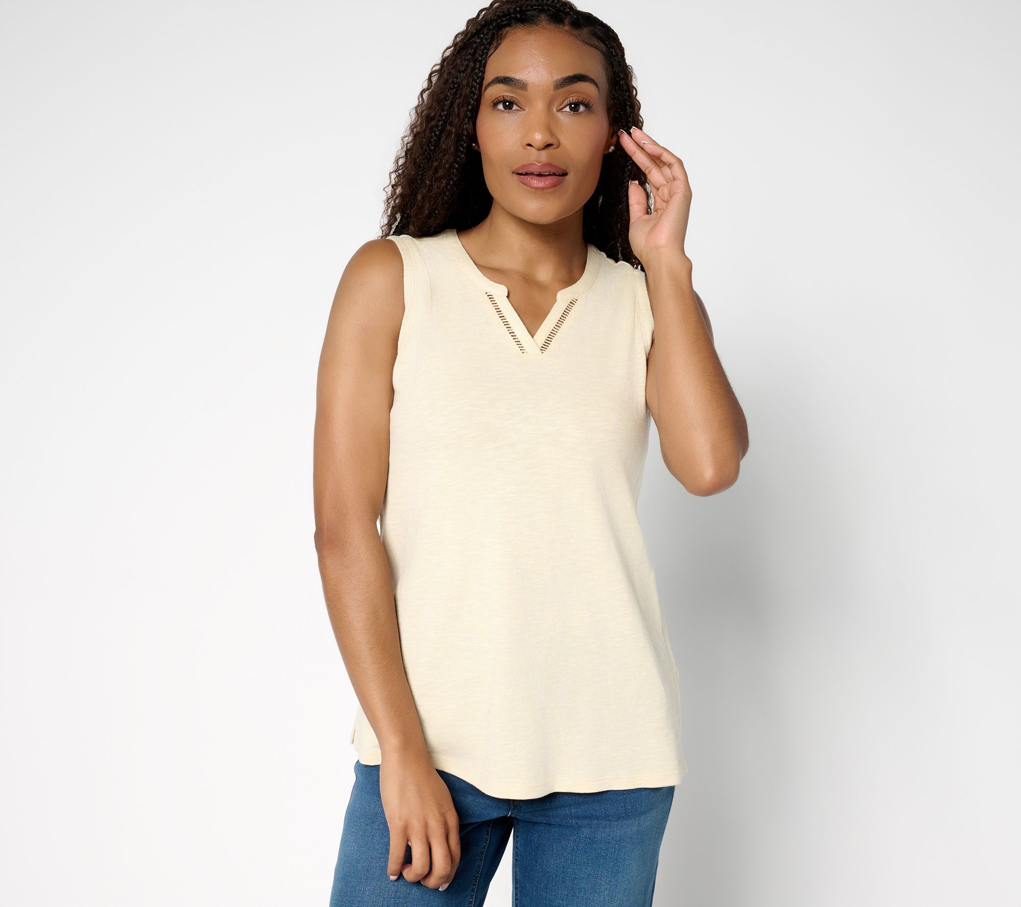 Denim & Co. Slub Jersey Lattice Trim Split Neck Tank