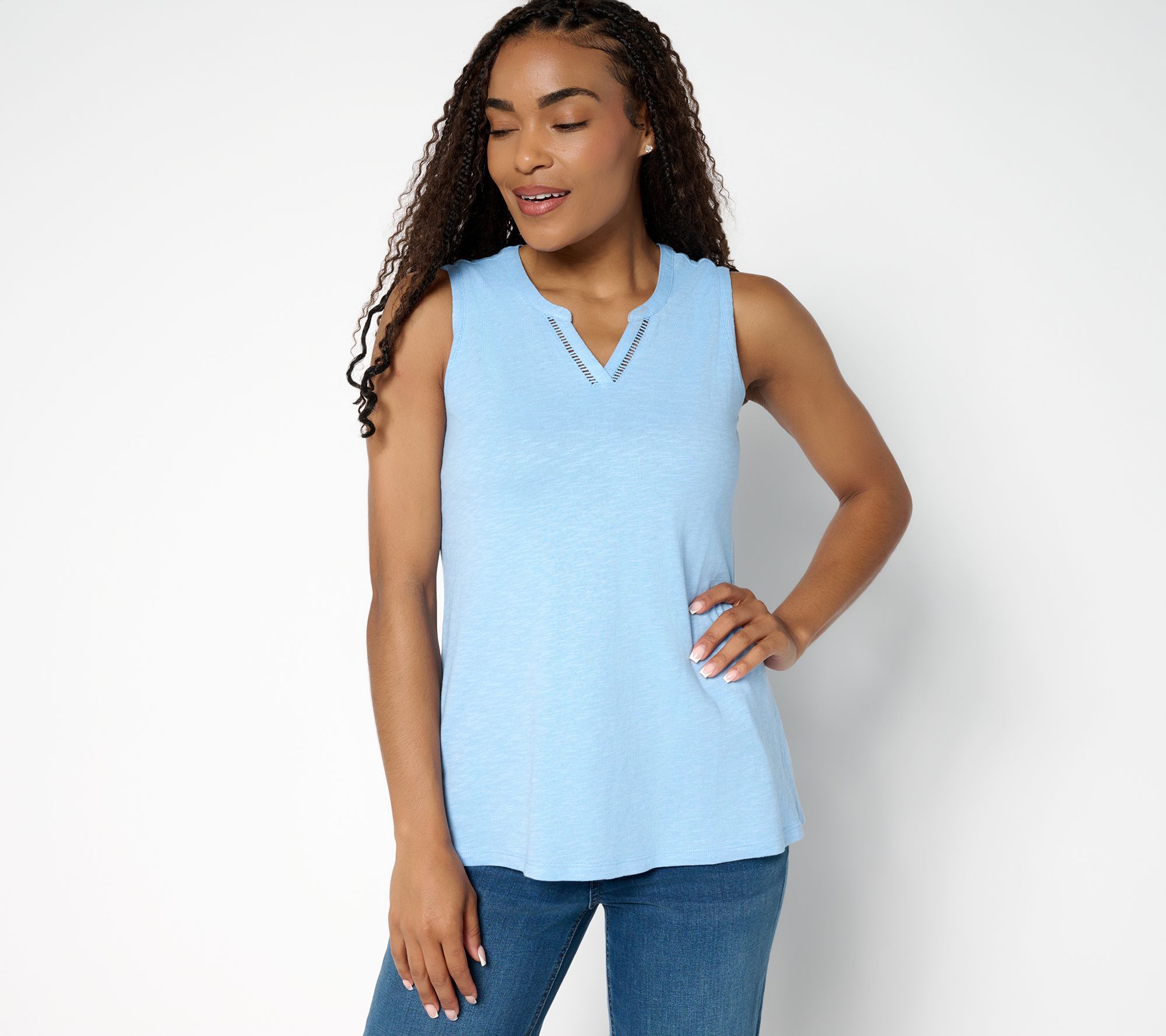 Denim & Co. Slub Jersey Lattice Trim Split Neck Tank