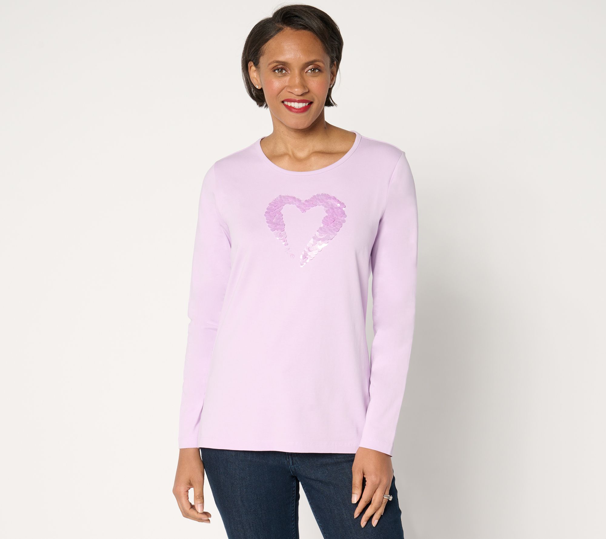 "As Is" Denim & Co. Perfect Jersey Sequin Heart Round Neck Top