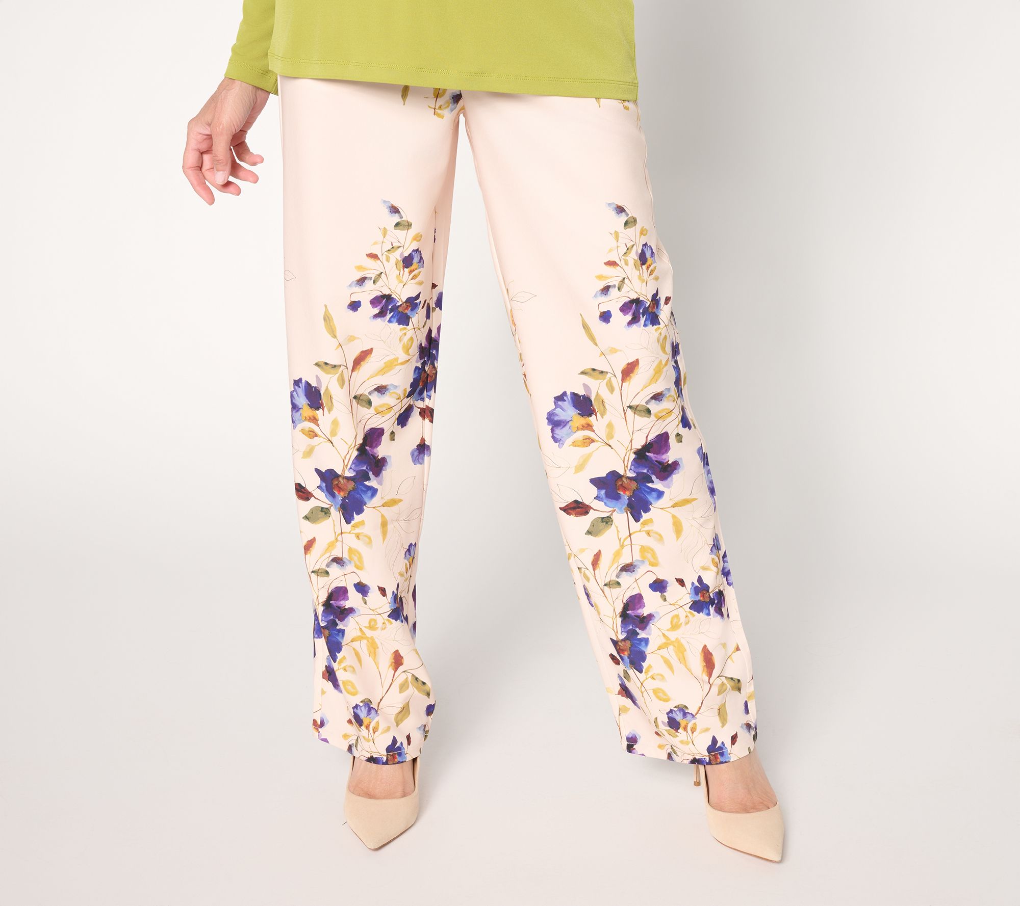 Susan Graver Petite Printed Stretch Matte Twill Pull-On Wide-Leg Pants