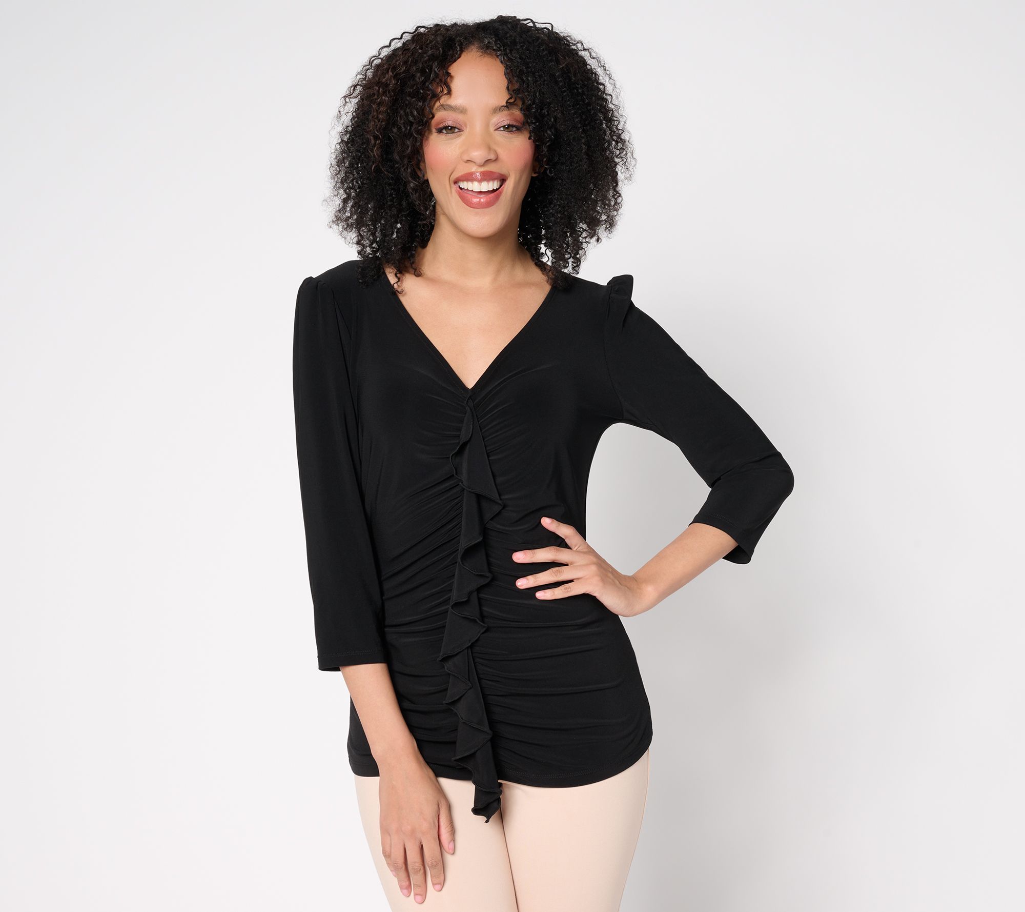 "As Is" Dennis Basso Italia Knit Cascade Front Top with 3/4 Sleeves