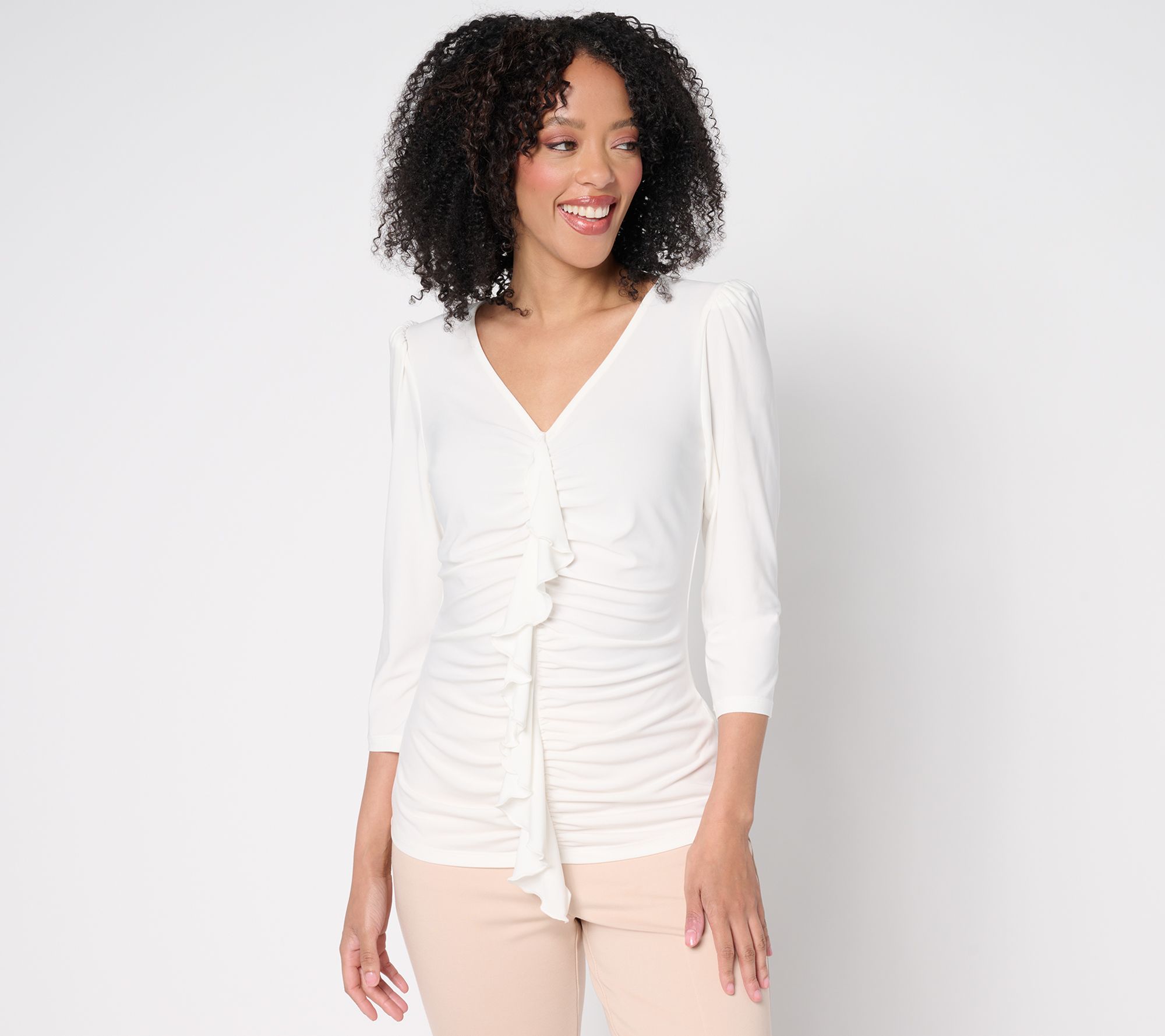 "As Is" Dennis Basso Italia Knit Cascade Front Top with 3/4 Sleeves