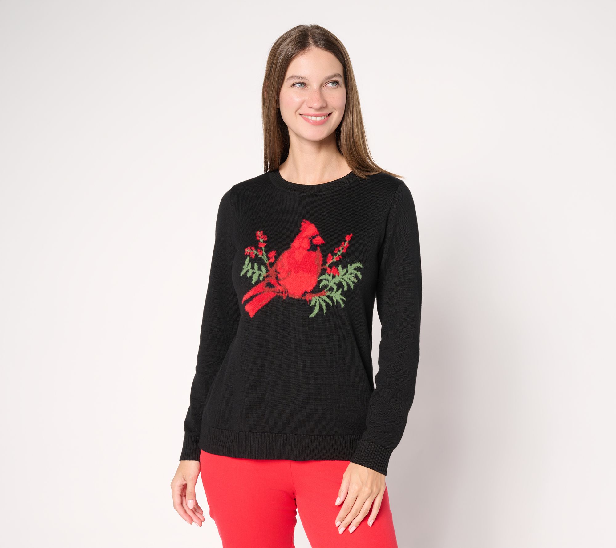 Joan Rivers Cotton Intarsia Cardinal Crewneck Sweater