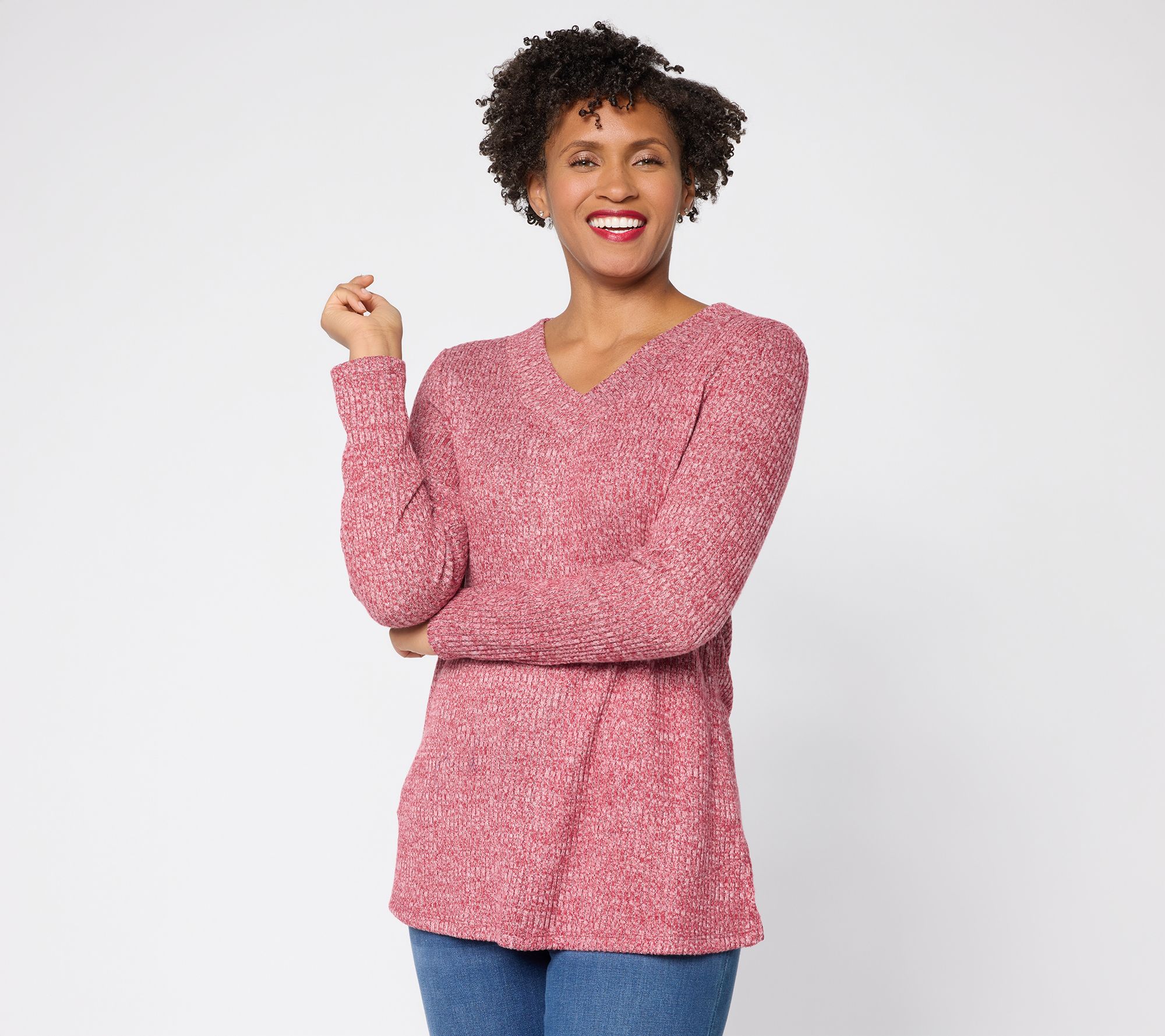 Denim & Co. Petite Ribbed Long Sleeve V-Neck Tunic