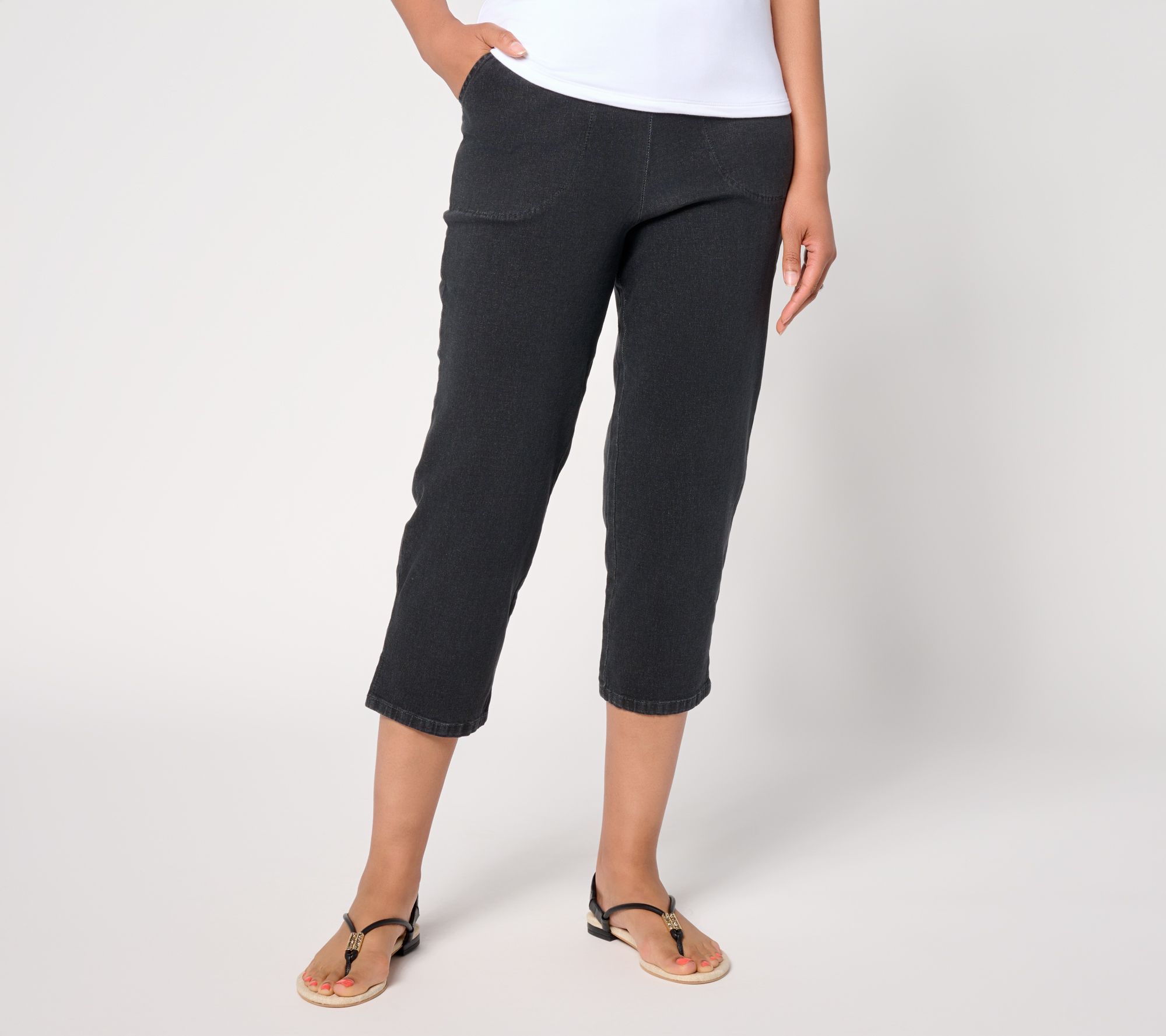 "As Is" Denim & Co. Petite Original Waist Side Pocket Crop Pant-Black