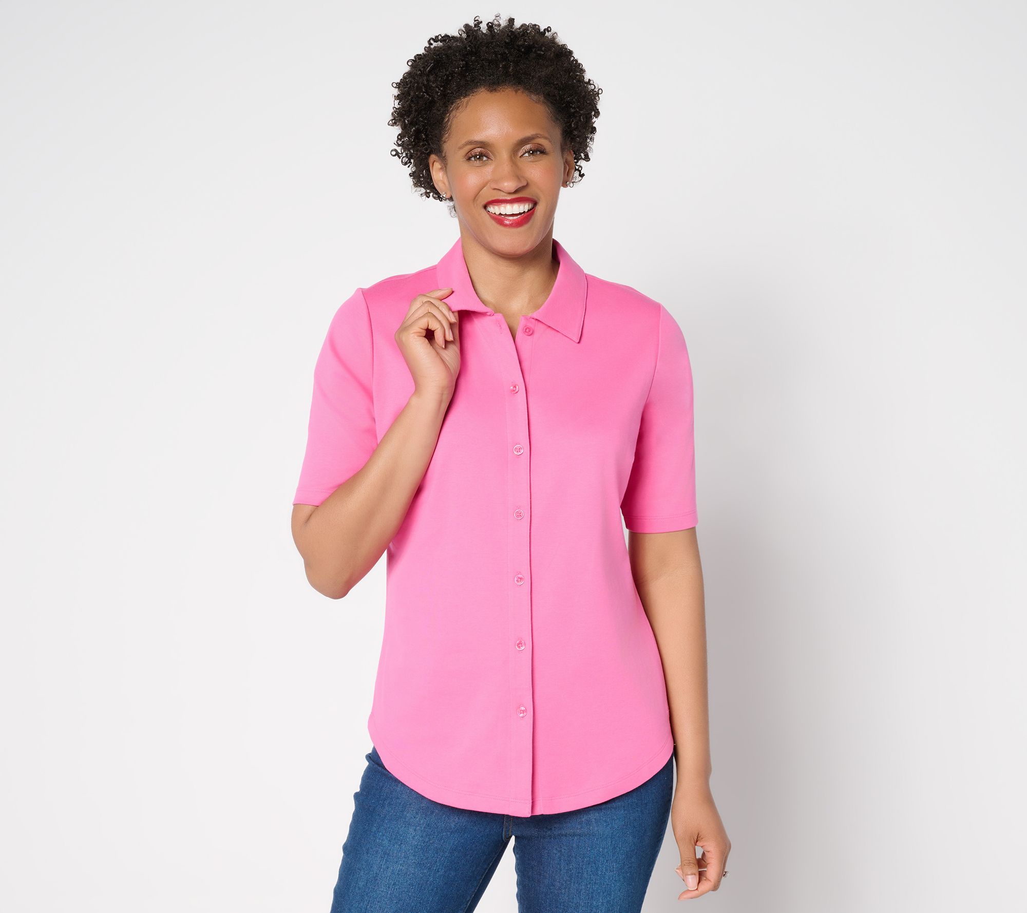 "As Is" Isaac Mizrahi Live! Essentials Pima Cotton Button Front Top