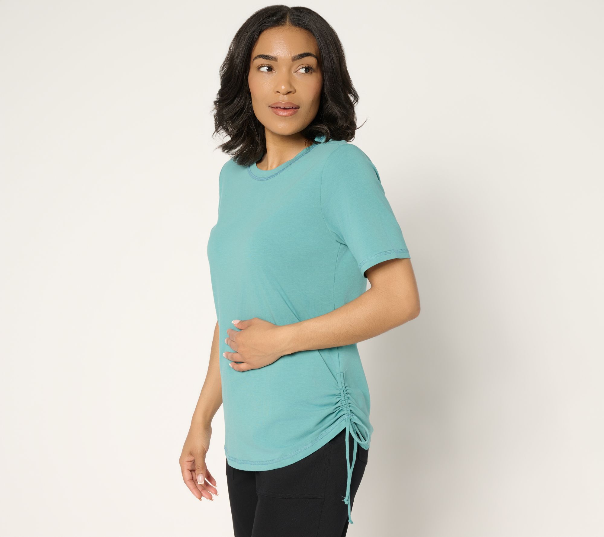 "As Is" Denim & Co. Active Jersey Short Sleeve Top with Ruching Detail