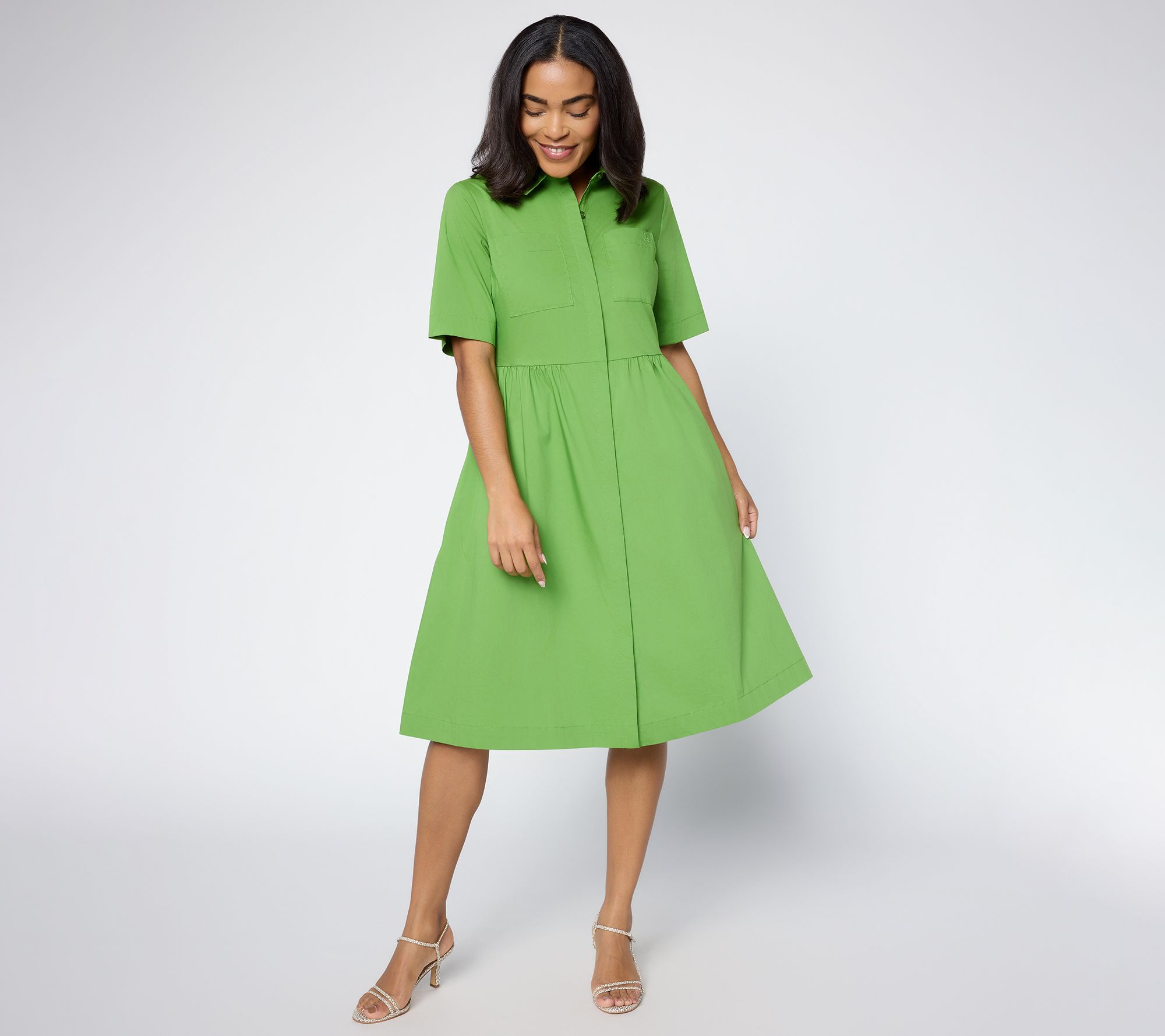 Joan Rivers Regular Stretch Poplin Button-Down Midi Dress