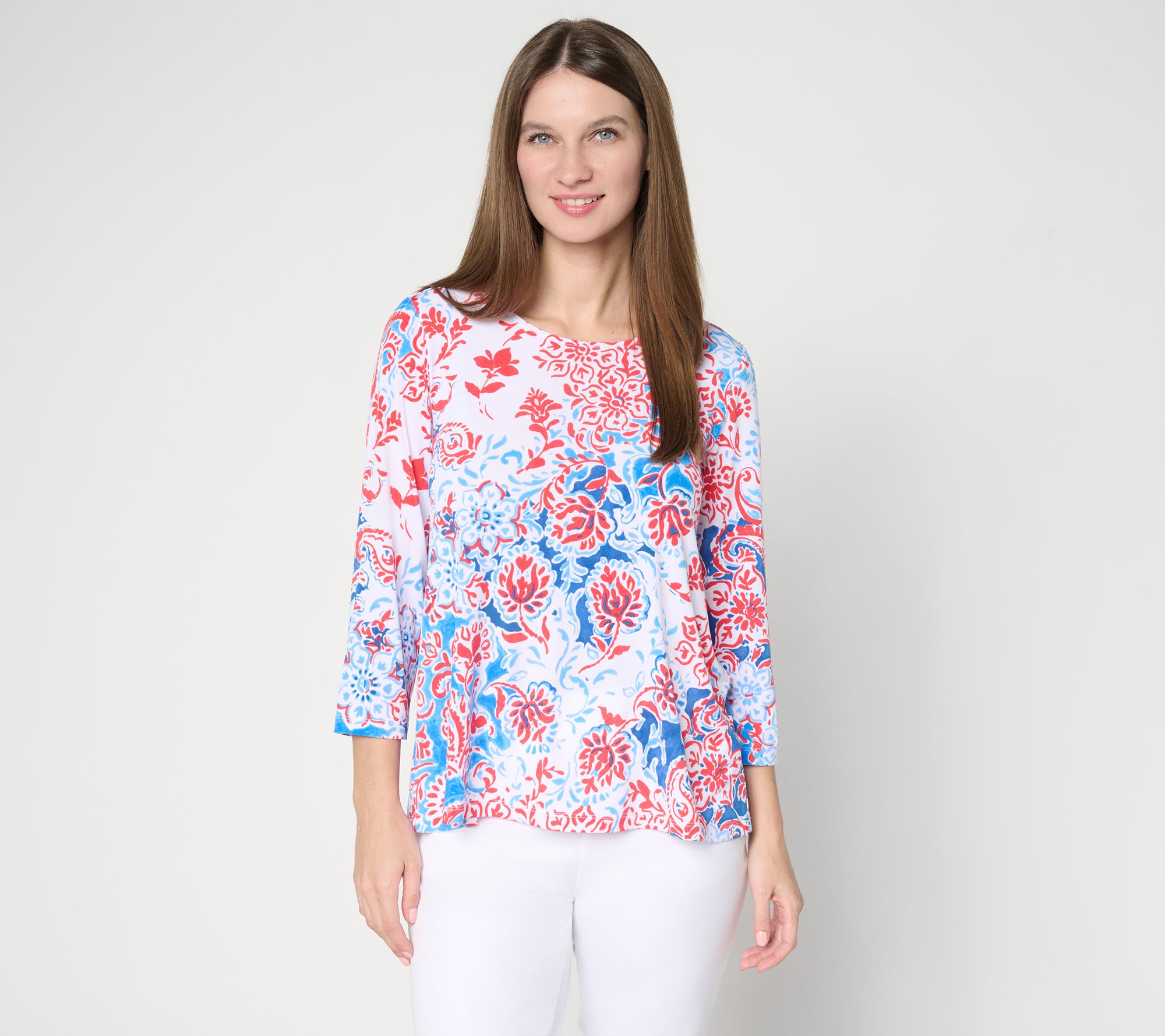 Susan Graver Printed Liquid Knit Scoop Neck A-Line Top
