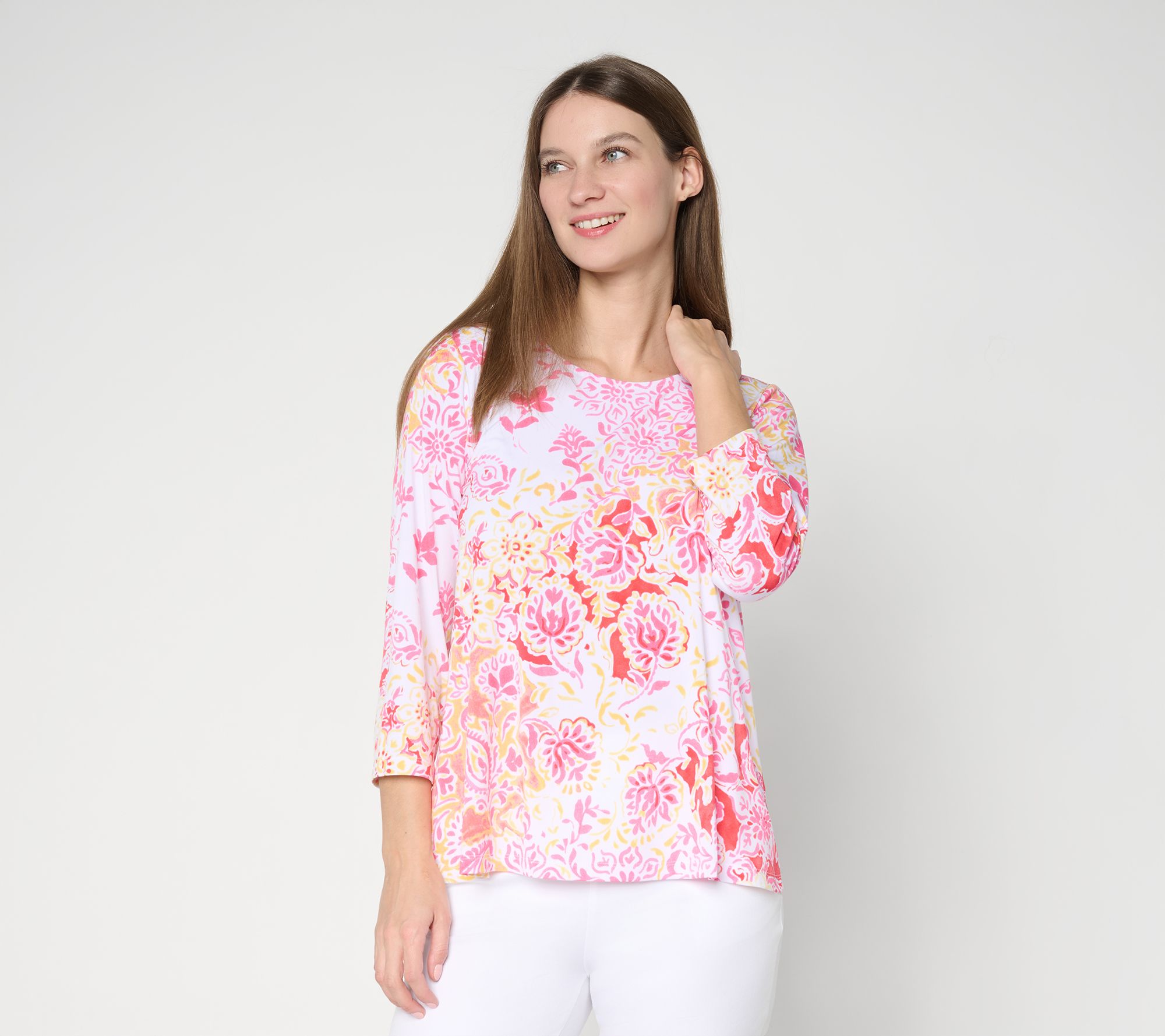 Susan Graver Printed Liquid Knit Scoop Neck A-Line Top