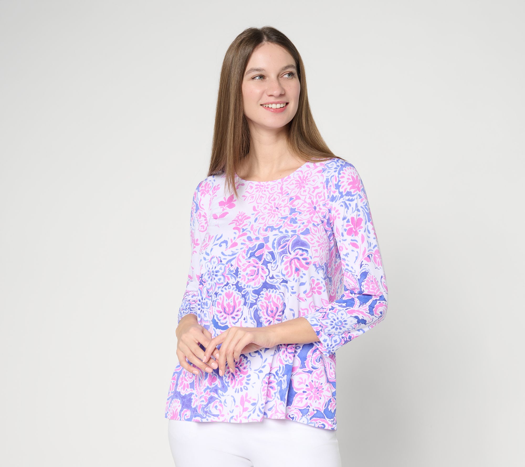 Susan Graver Printed Liquid Knit Scoop Neck A-Line Top