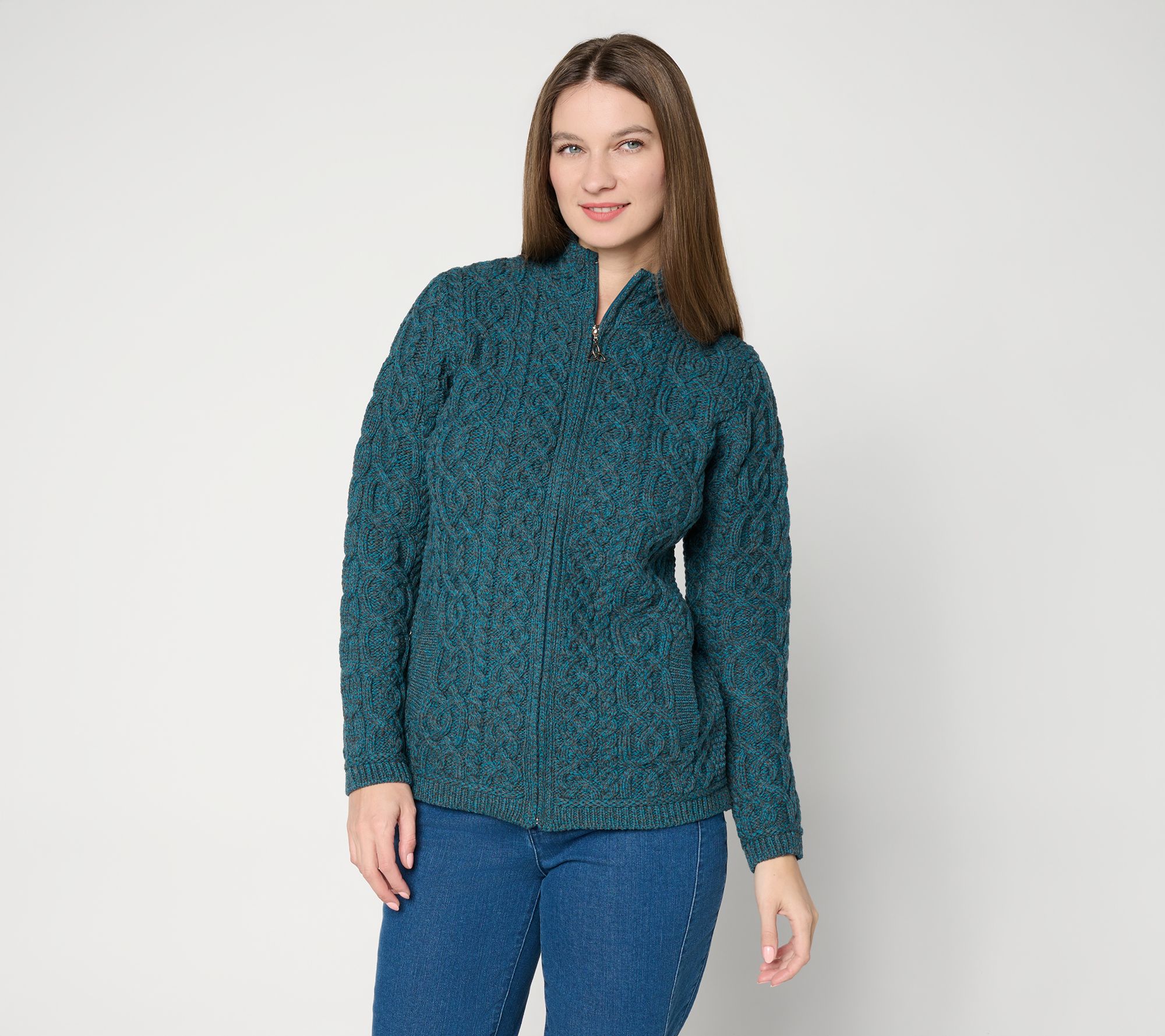 Aran Crafts Merino Wool Zip Front Sweater Cardigan