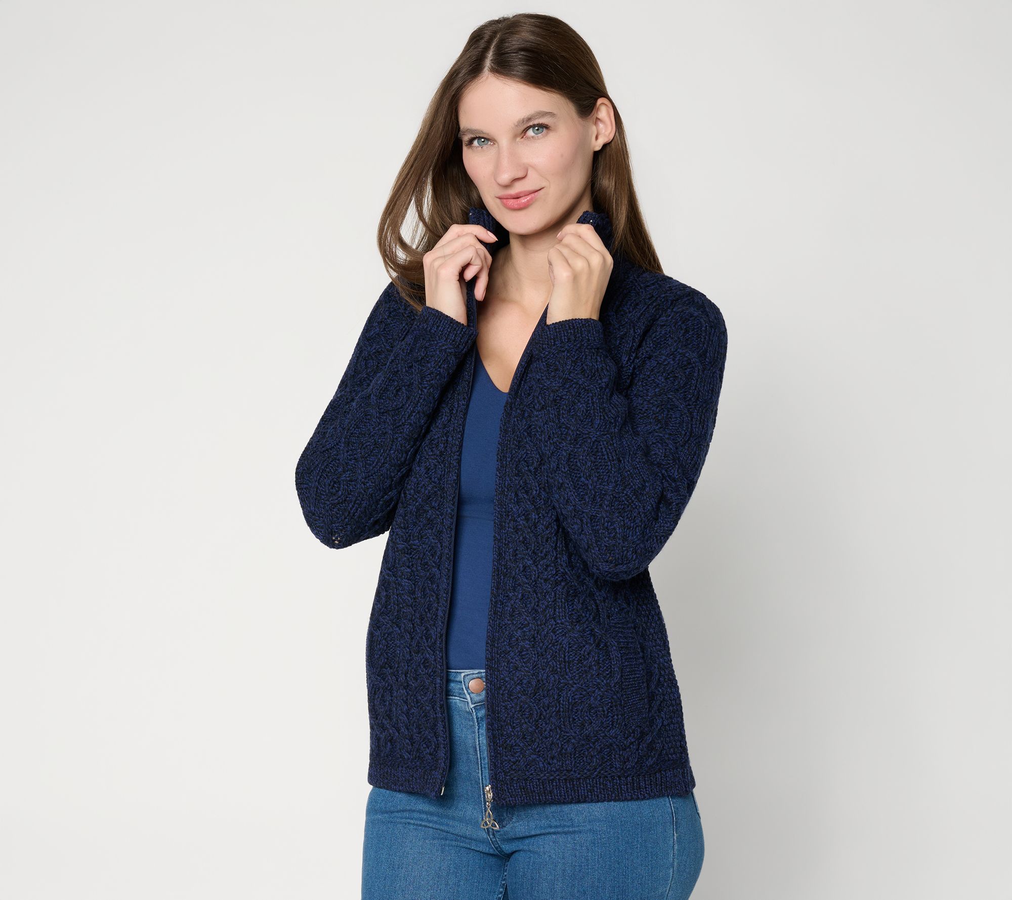 Aran Crafts Merino Wool Zip Front Sweater Cardigan