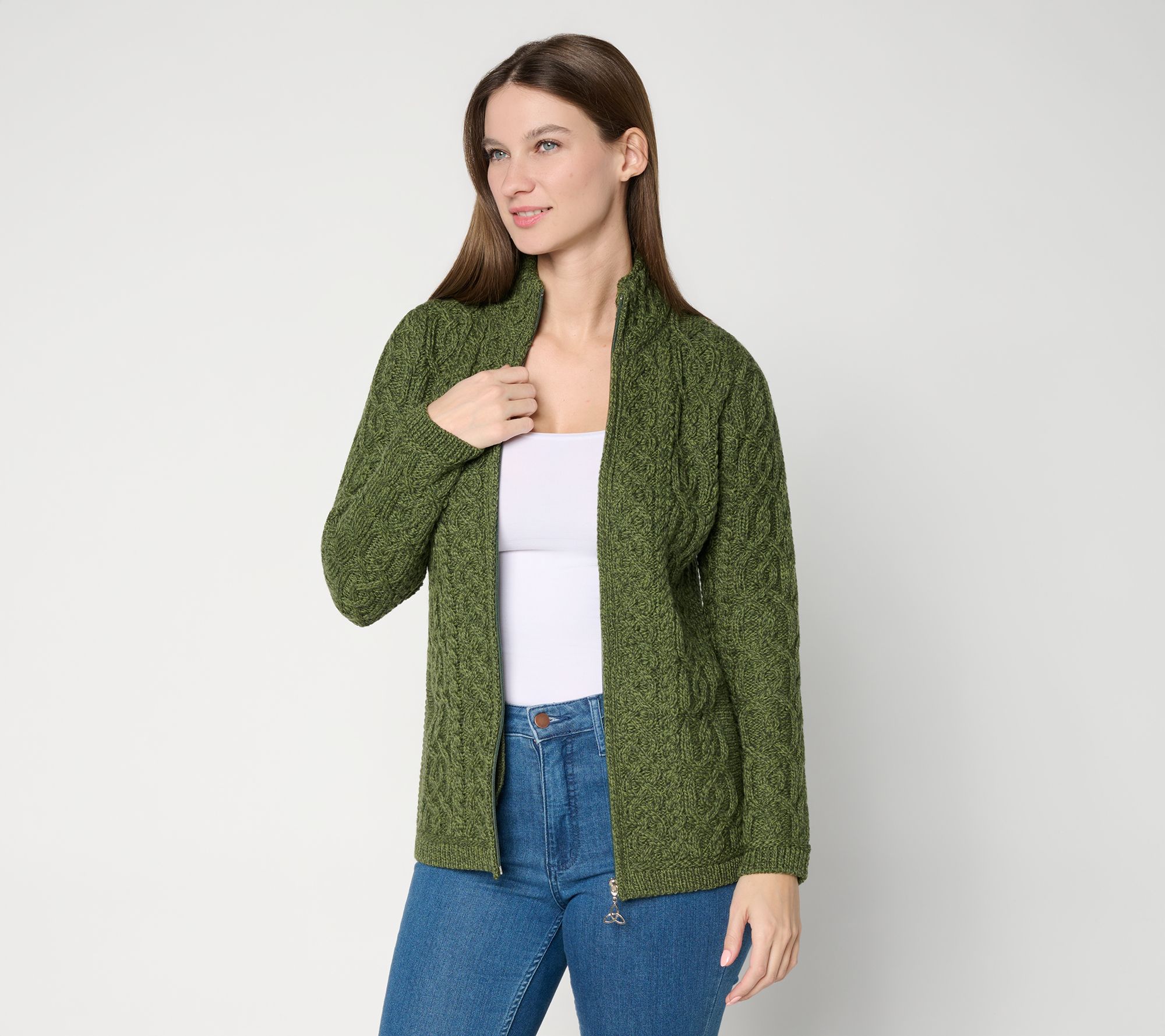 Aran Crafts Merino Wool Zip Front Sweater Cardigan