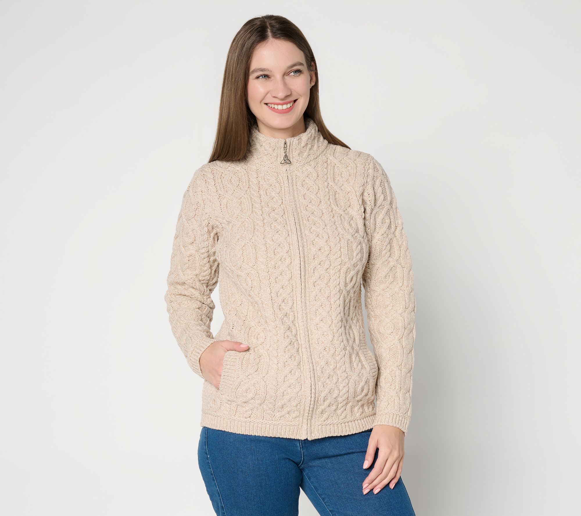 Aran Crafts Merino Wool Zip Front Sweater Cardigan