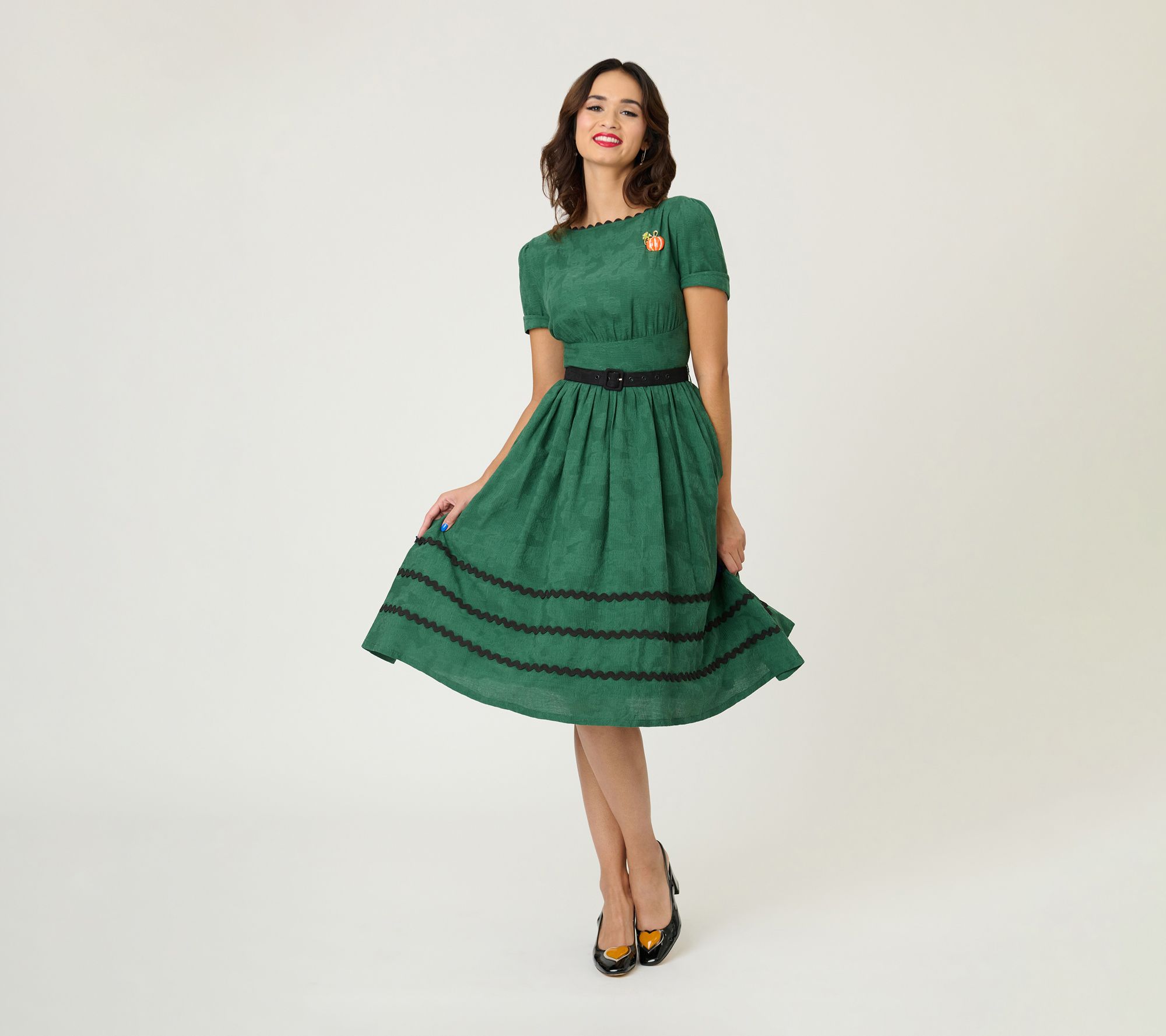 Unique Vintage Emerald & Pumpkin Pin Cotton Swing Dress
