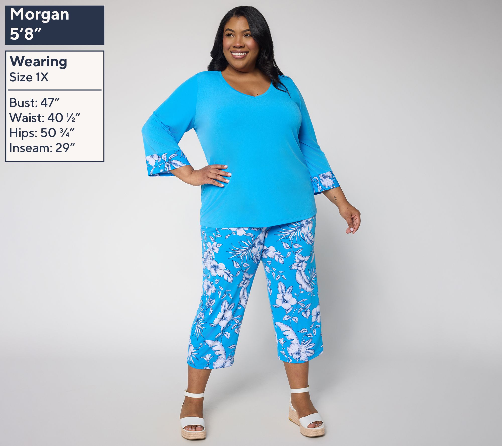 Susan Graver Solid Liquid Knit Top & Printed Crop Pants Set - QVC.com