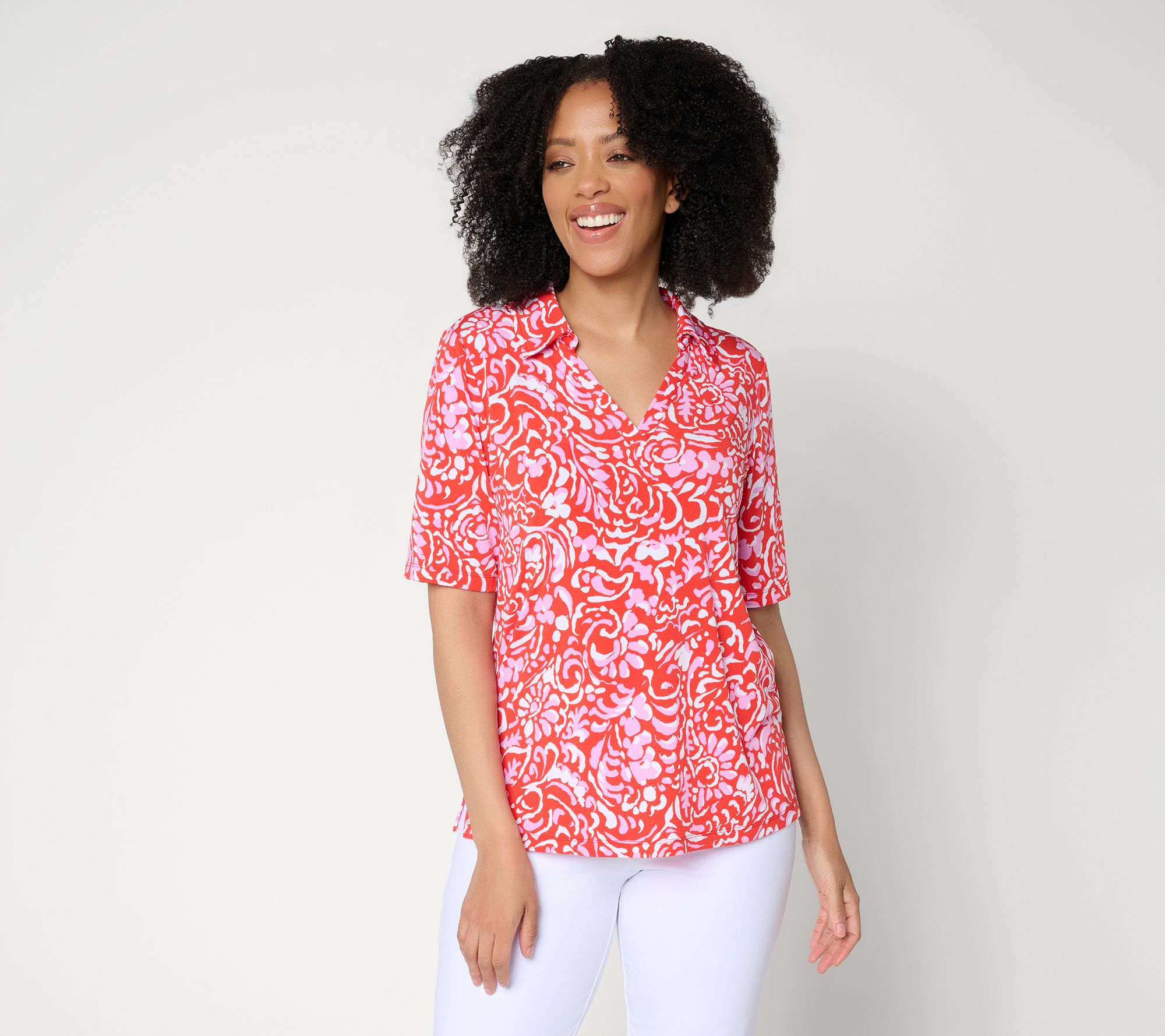 Susan Graver Printed Liquid Knit Split-Neck ElbowSleeve Top