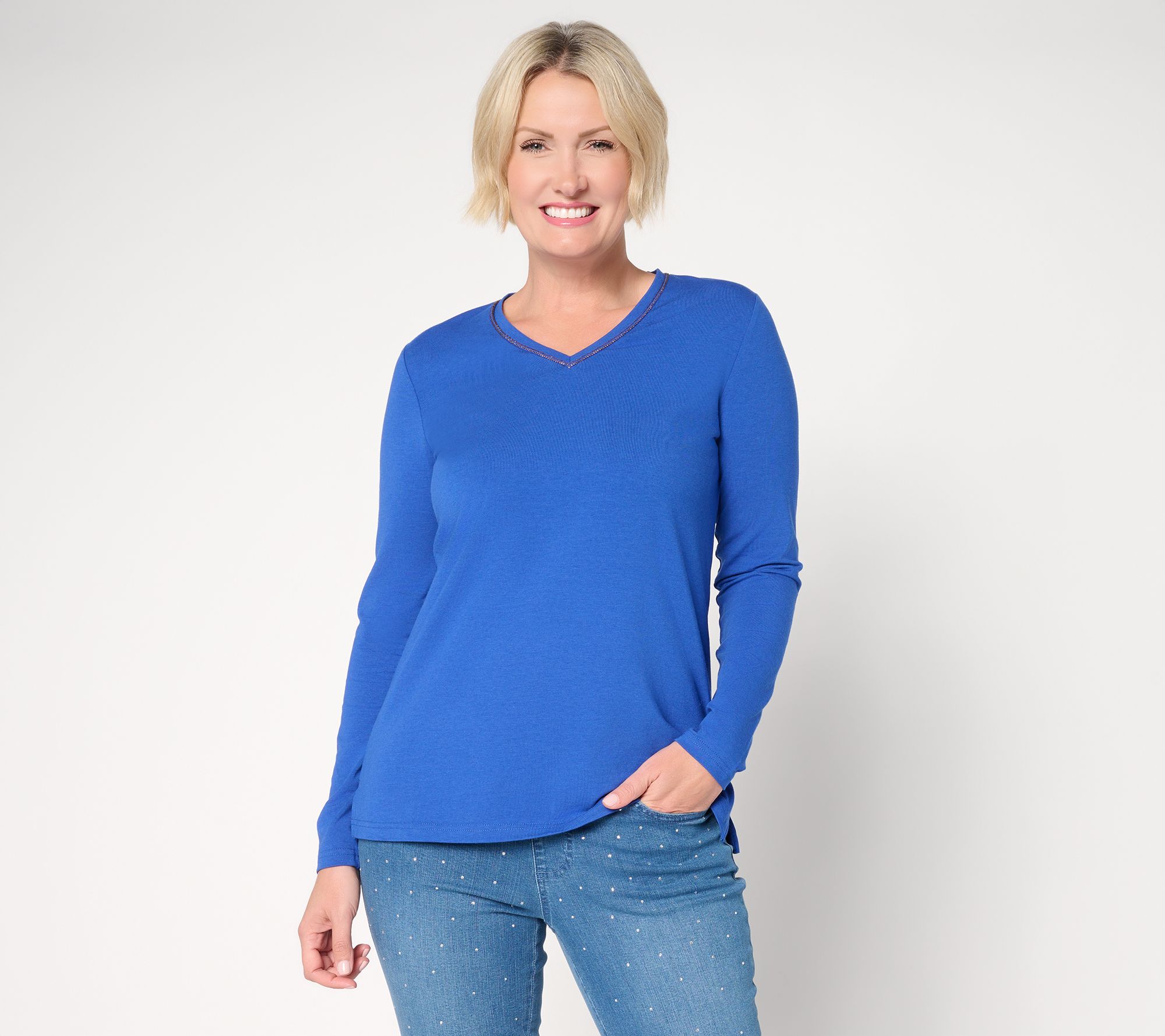 "As Is" Jingle Belles by Kim Gravel TripleLuxe Knit Spkl V-Neck Top