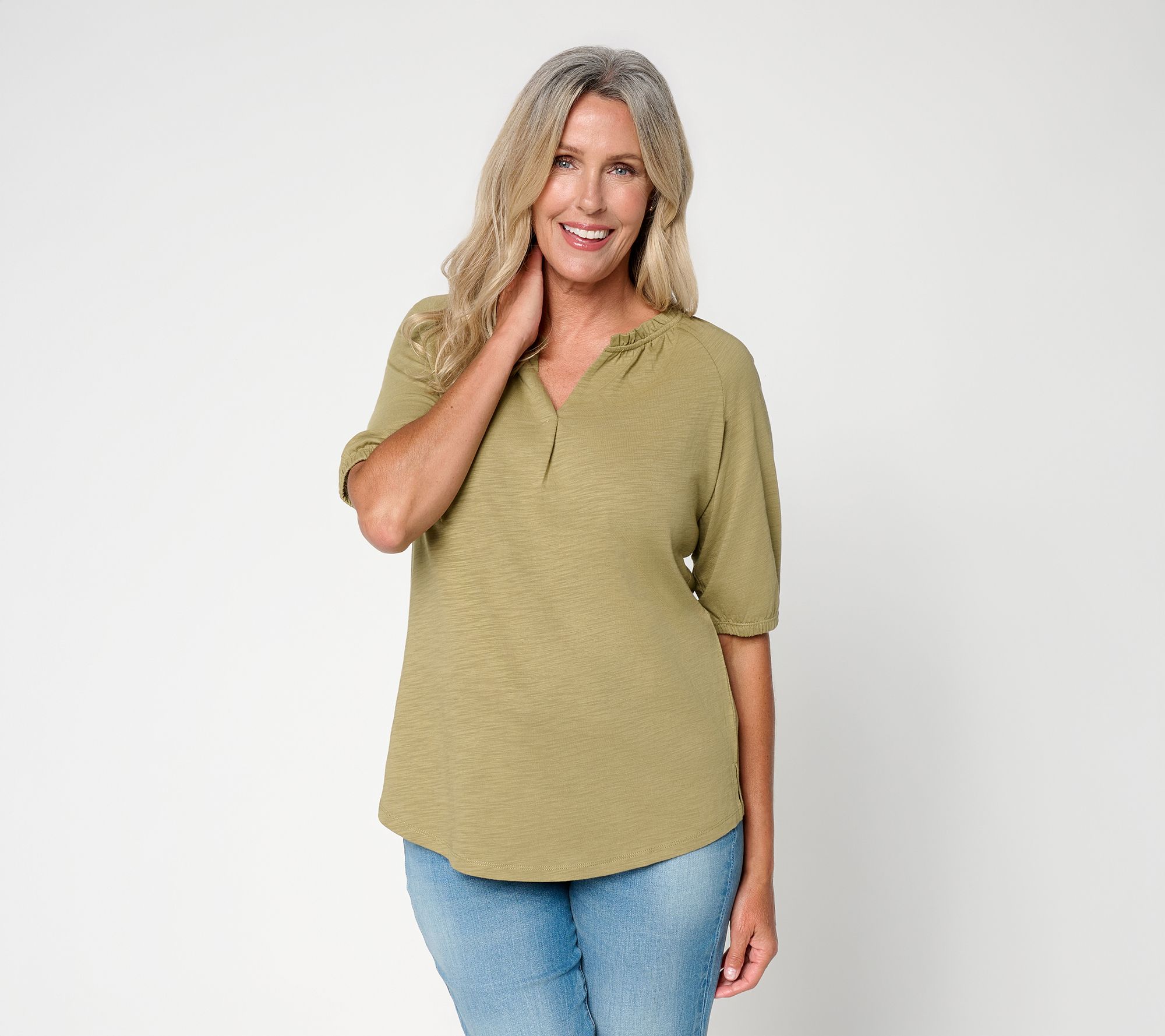 Belle Boho by Kim Gravel Slub Knit Elbow Sleeve Split Neck Top