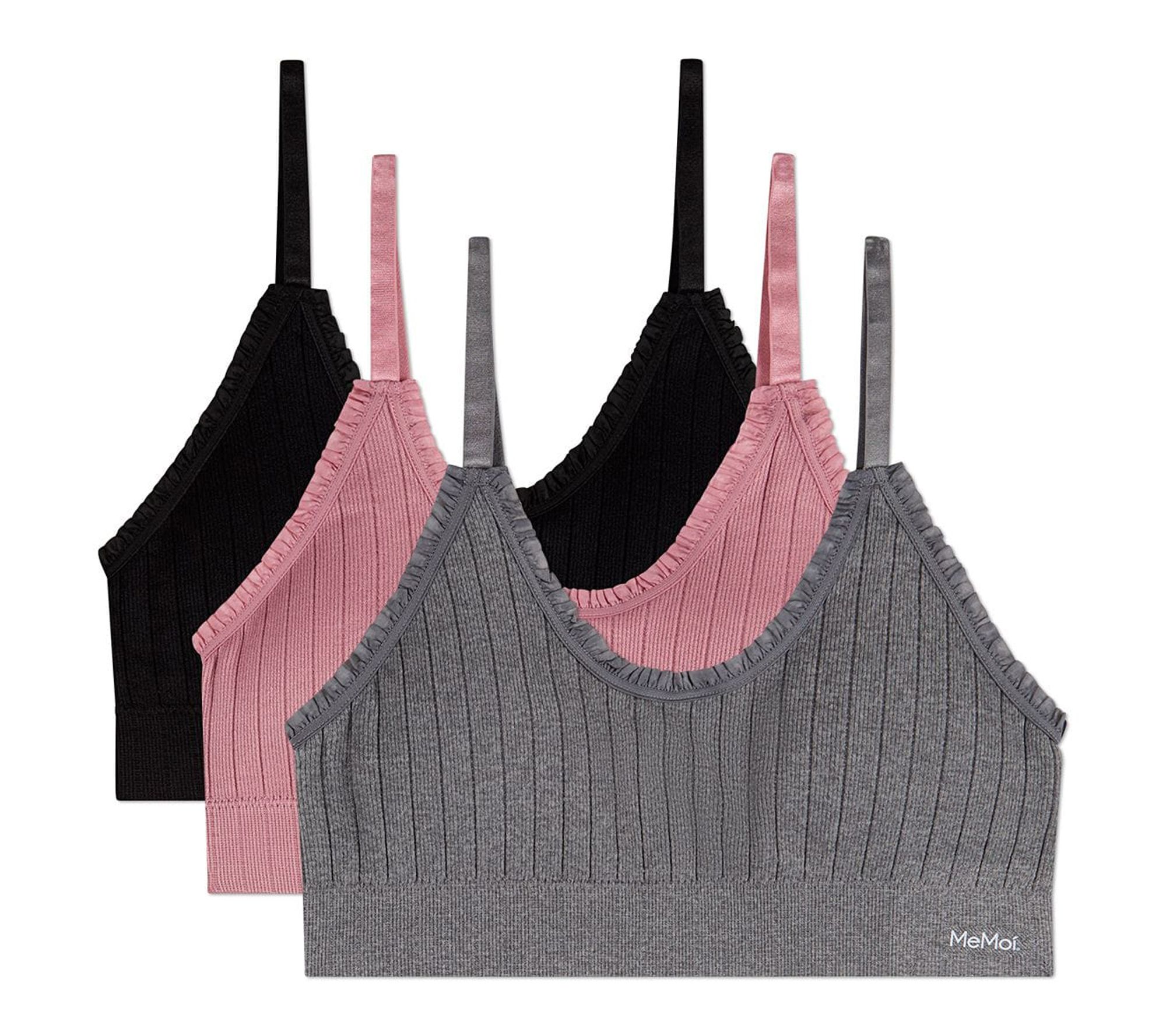 Memoi Women's Set of 3 Seamless Ribbed Ruffle-Trim Padded Bra