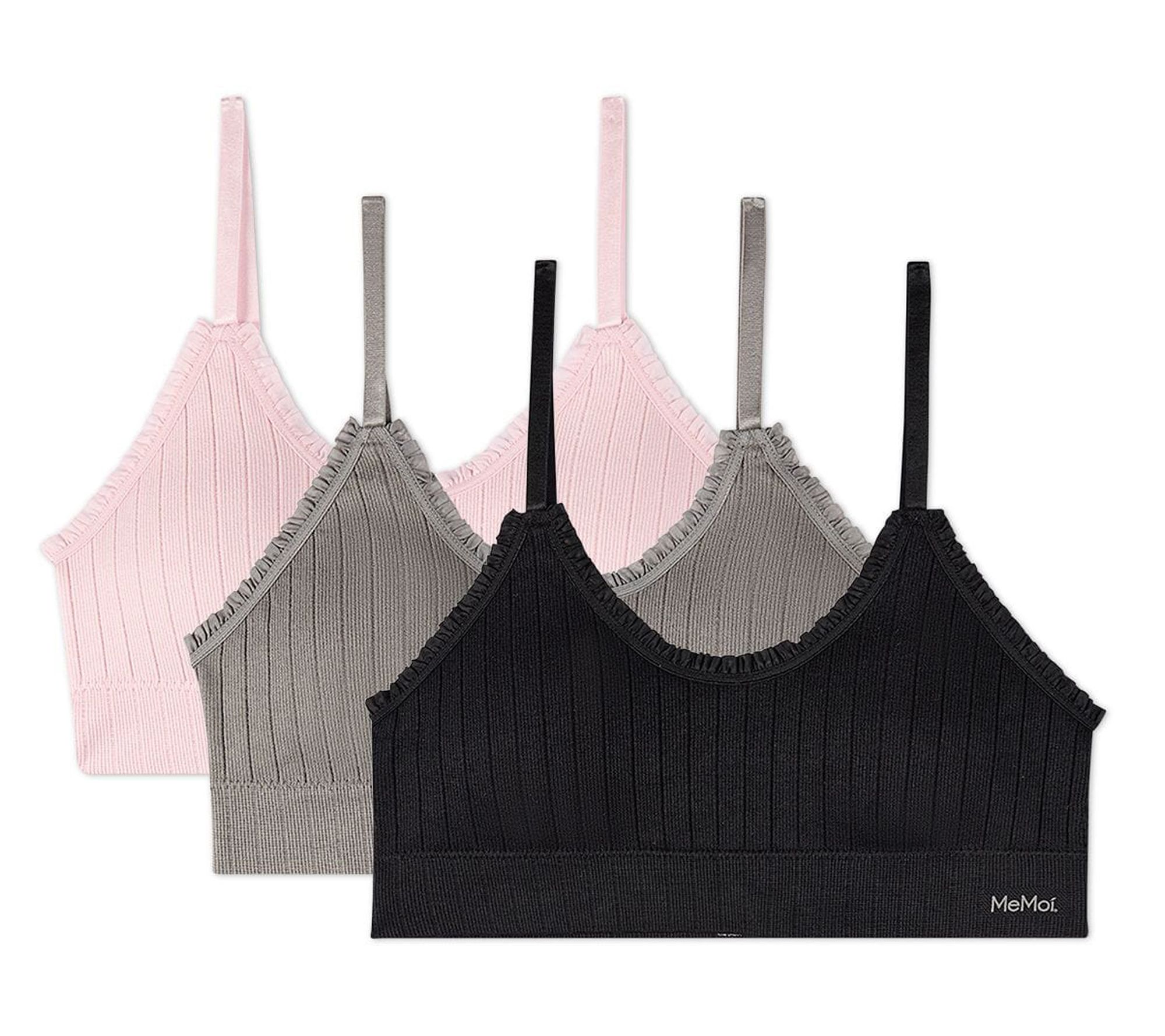 Memoi Women's Set of 3 Seamless Ribbed Ruffle-Trim Padded Bra