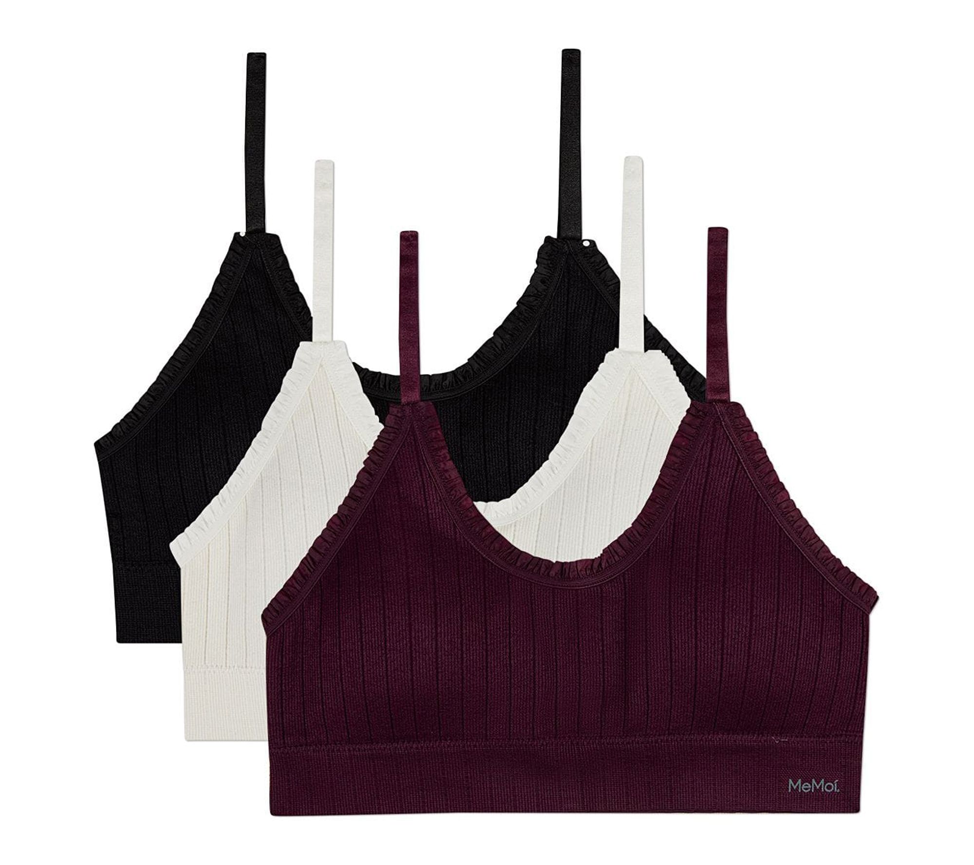 Memoi Women's Set of 3 Seamless Ribbed Ruffle-Trim Padded Bra