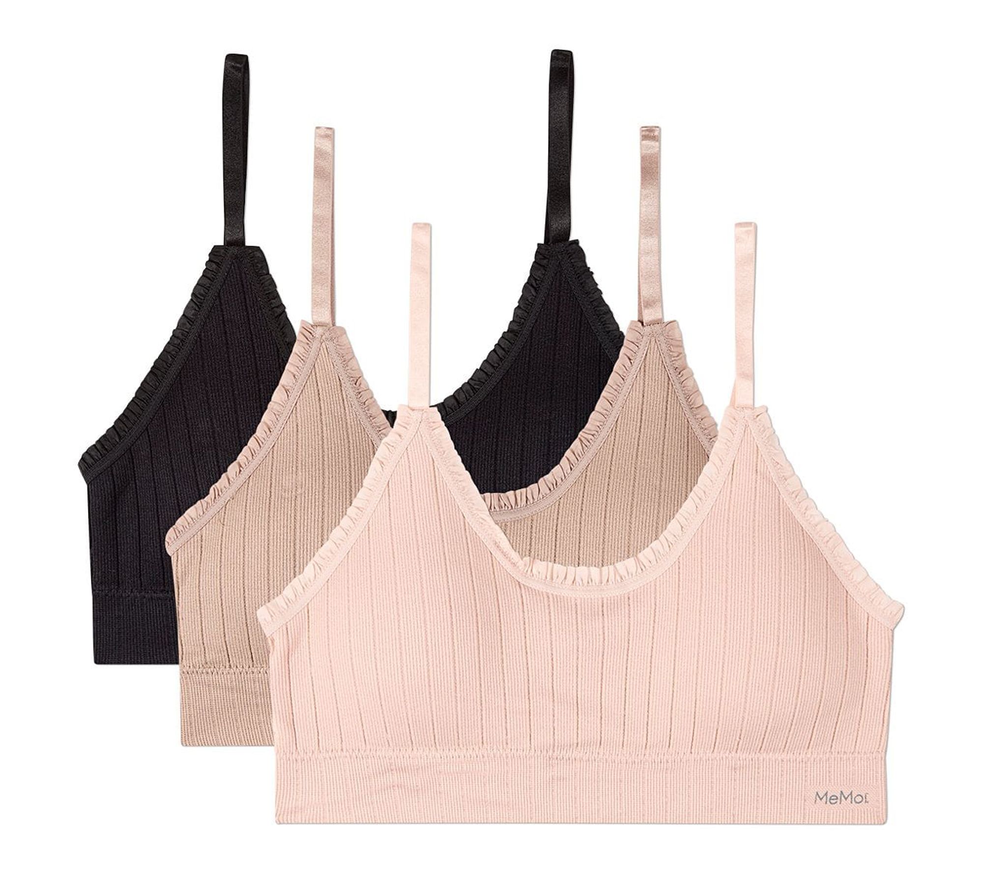 Memoi Women's Set of 3 Seamless Ribbed Ruffle-Trim Padded Bra