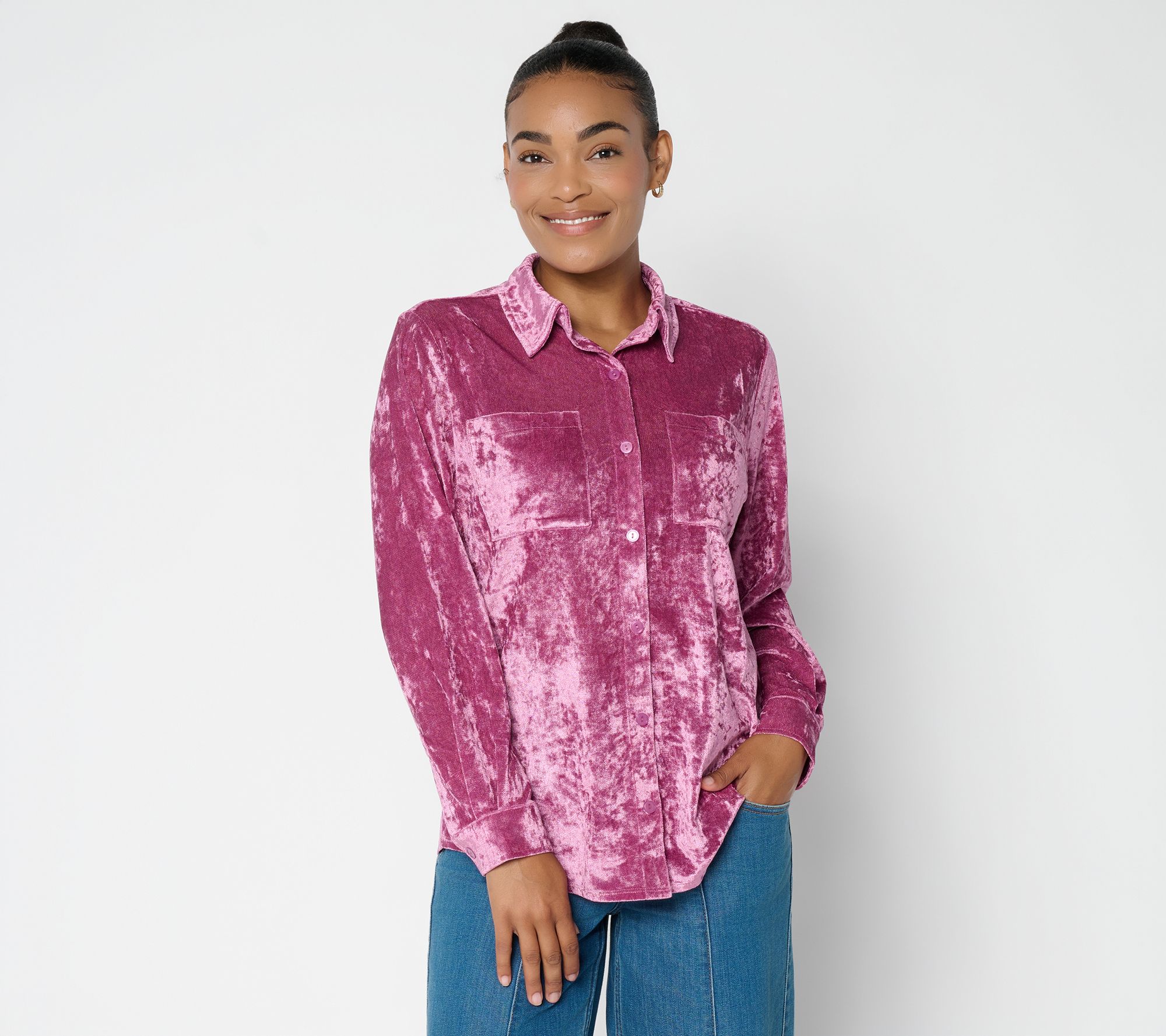 LOGO by Lori Goldstein Button Front Flocked Mesh Shirt | QVC