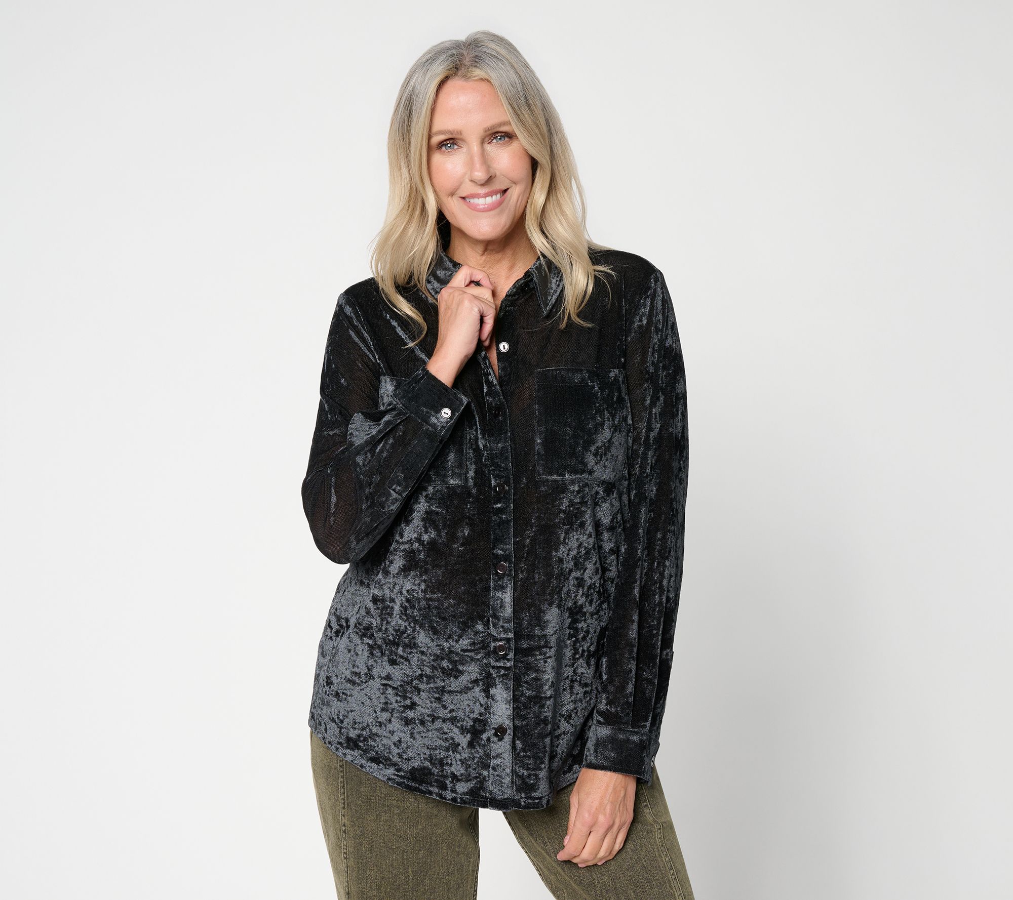 LOGO by Lori Goldstein Button Front Flocked Mesh Shirt