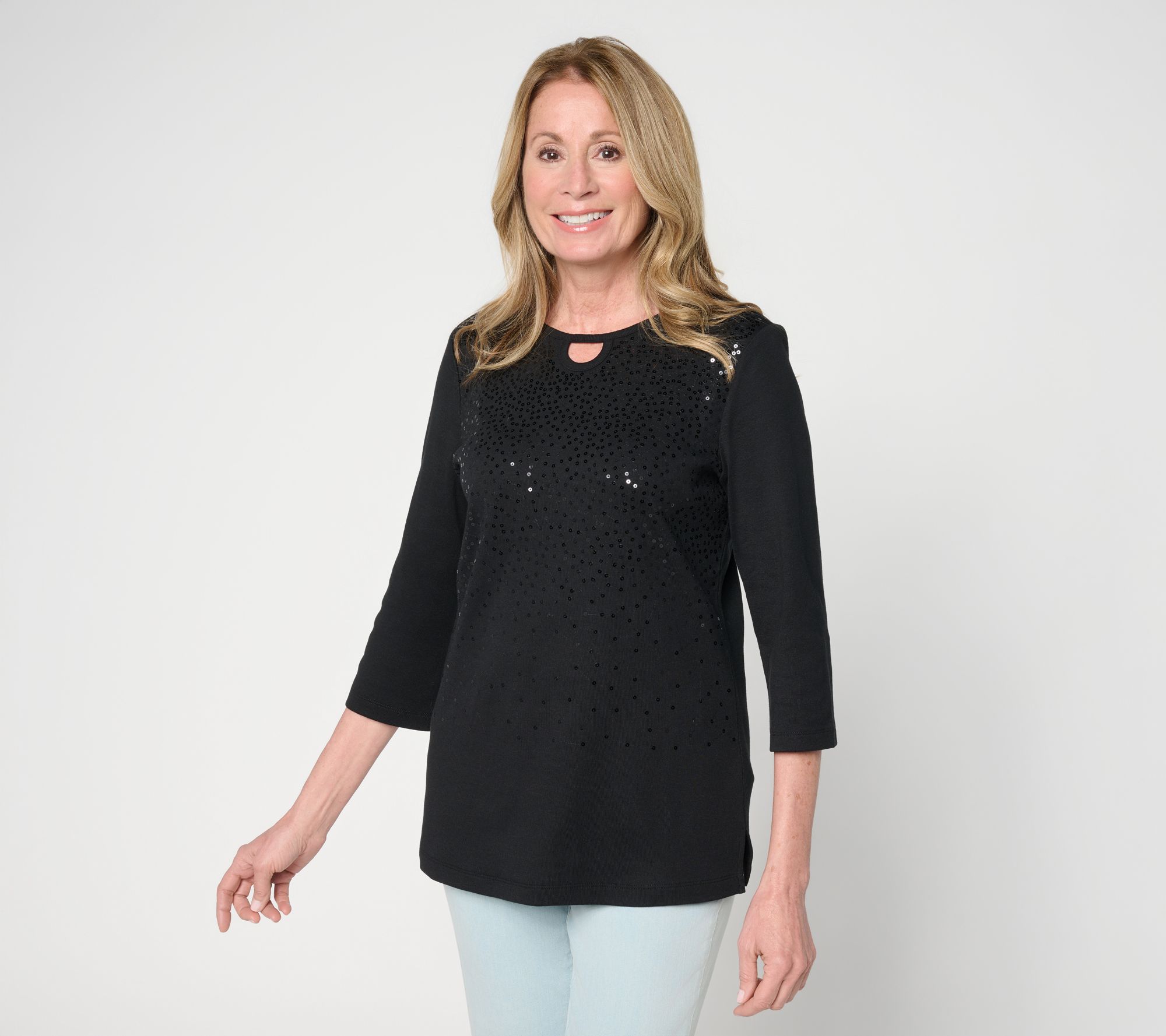 "As Is" Quacker Factory Spring Beauty Sequin Ribbed 3/4 Sleeve Top