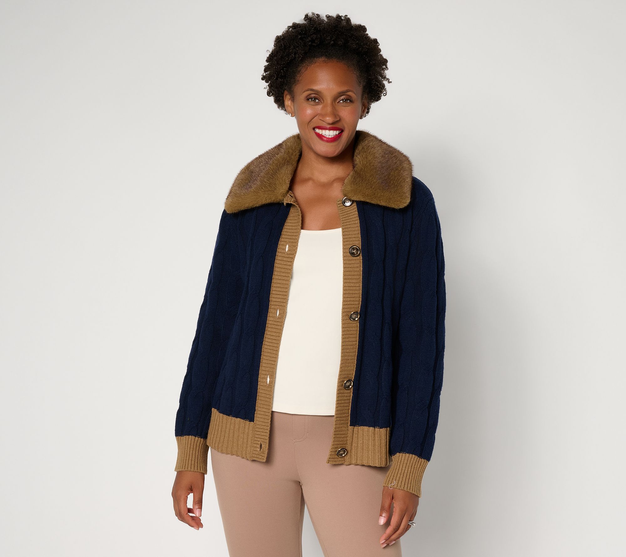  Dennis Basso Cable Sweater w/ Detachable Fur Collar