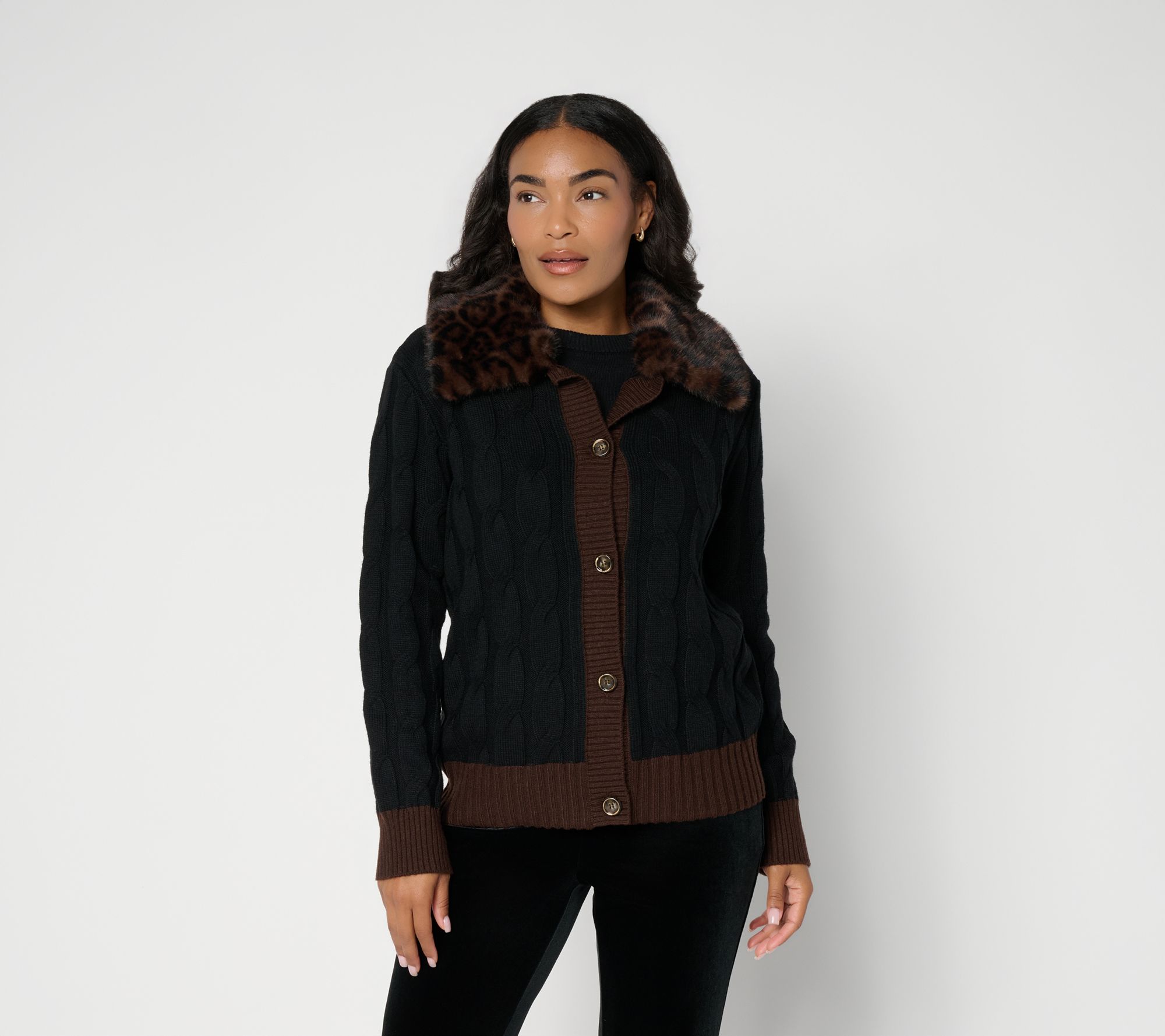 Dennis Basso Cable Sweater w/ Detachable Fur Collar
