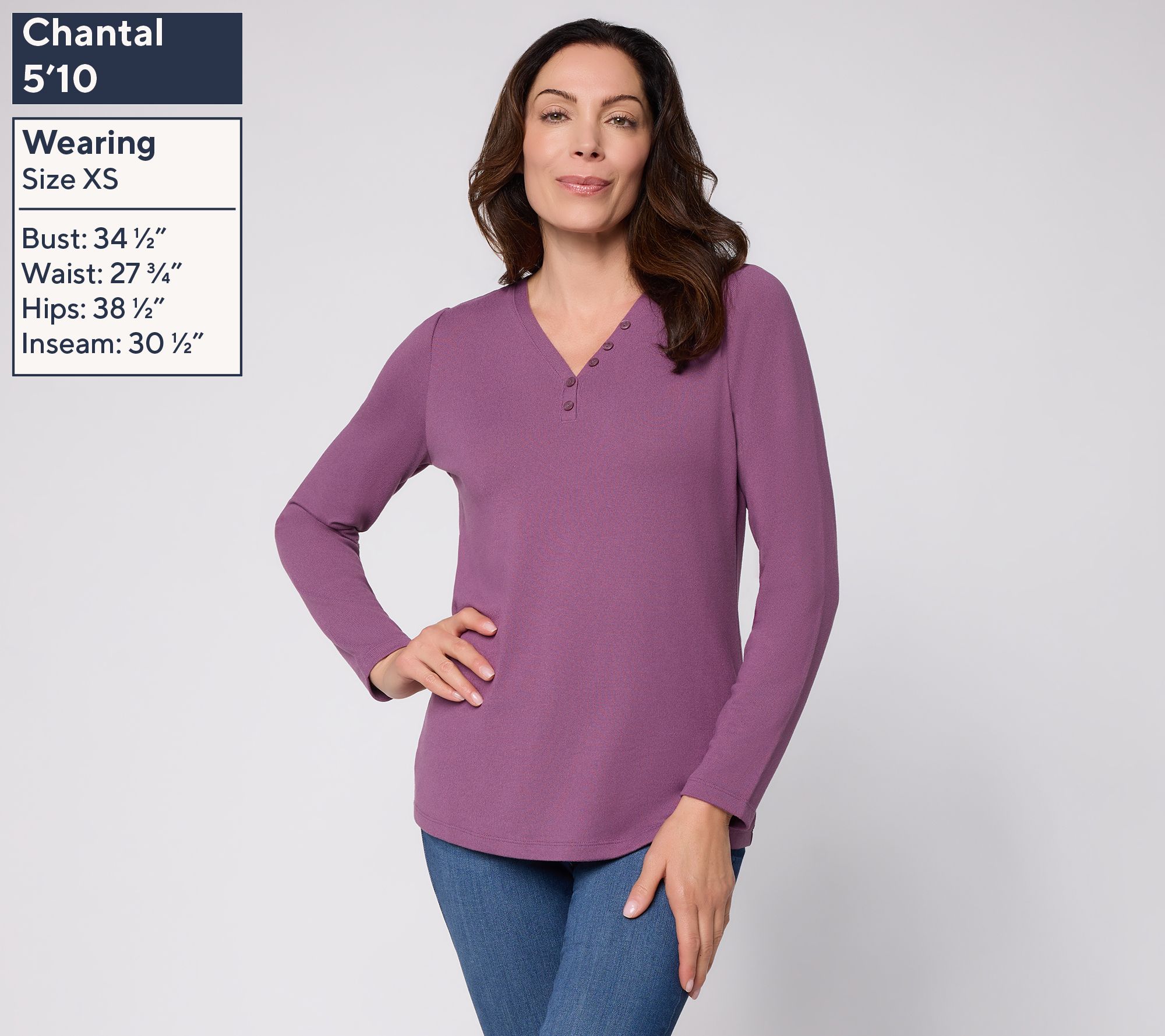 Denim & Co. Essentials Heavenly Jersey Y-Neck Top W/Buttons | QVC