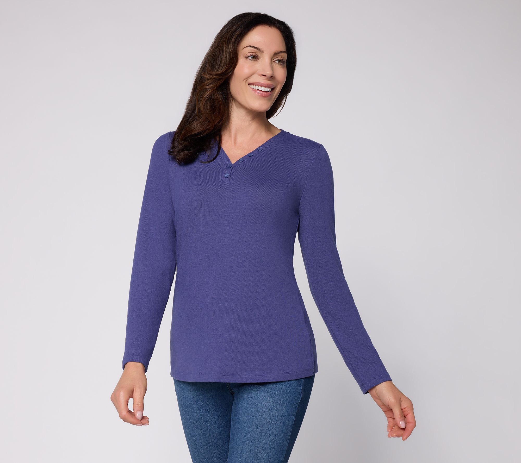 Denim & Co. Essentials Heavenly Jersey Y-Neck Top W/Buttons