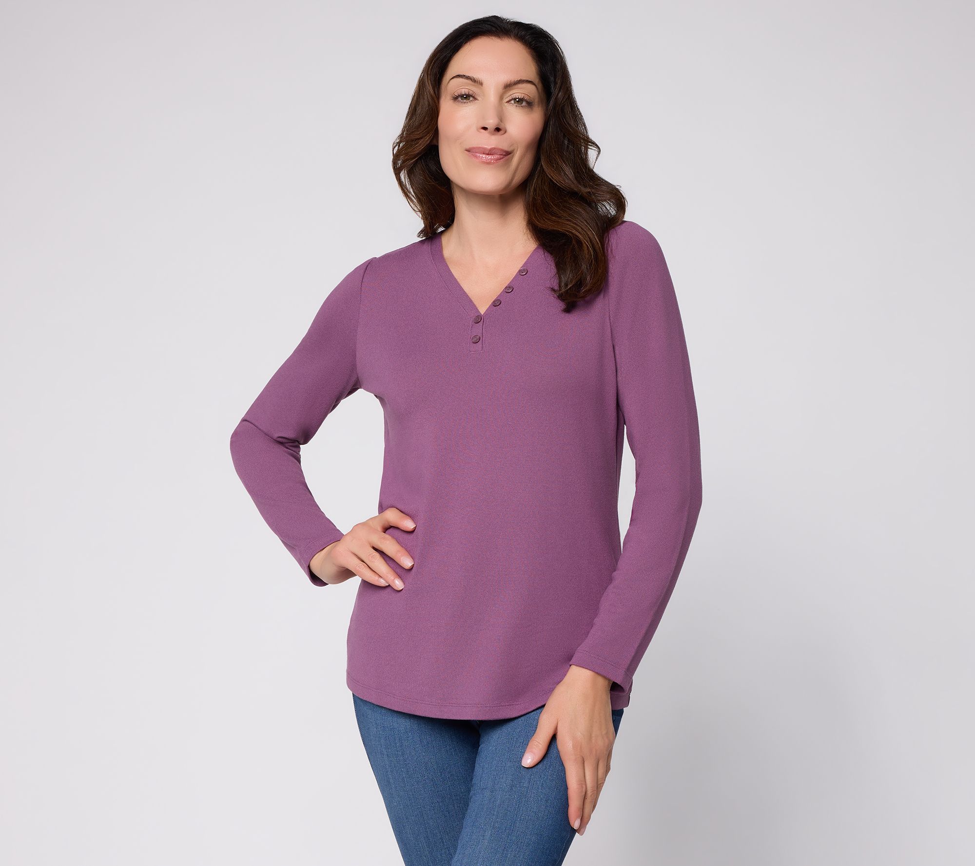 Denim & Co. Essentials Heavenly Jersey Y-Neck Top W/Buttons